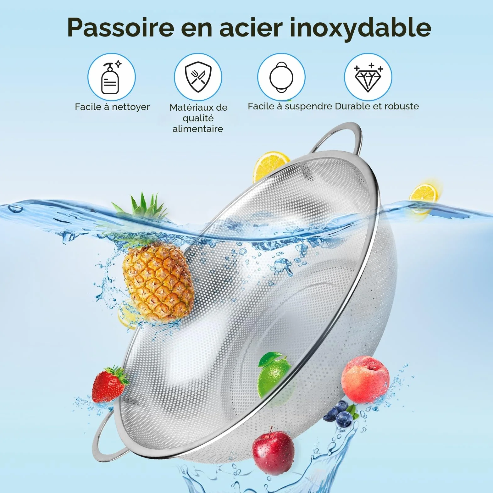 Passoire Cuisine Inox Poignées Tamis Micro Perforée Crépine Mailles Fines Polie Brillante Métal Pour Pâtes Fruits Légumes
