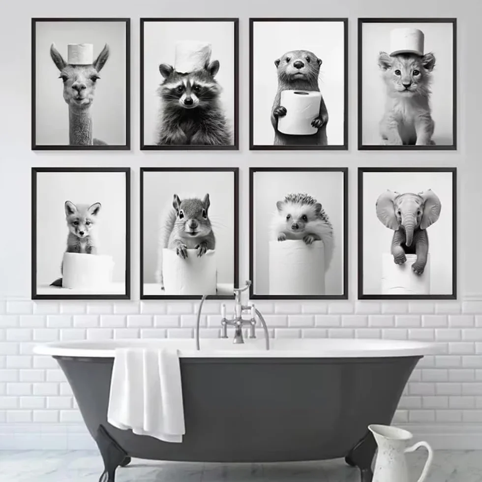 Affiche Murale Noir et Blanc Humour Animaux 40x50 Poster WC Deco Salle de Bain Toilette Humoristique