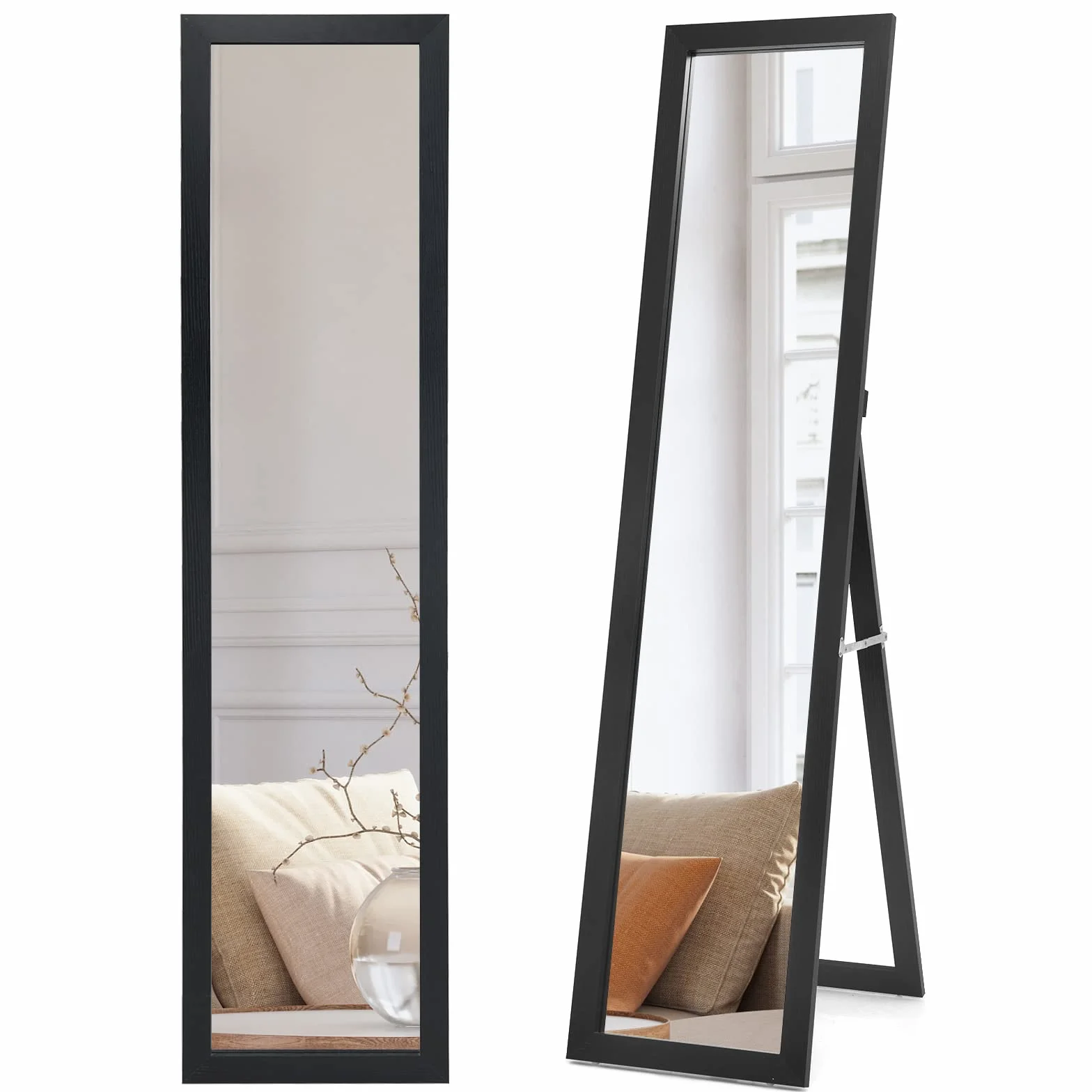 GIANTEX Miroir sur Pied Mural Design 2 en 1 Cadre en Bois 37 x 155 cm Noir