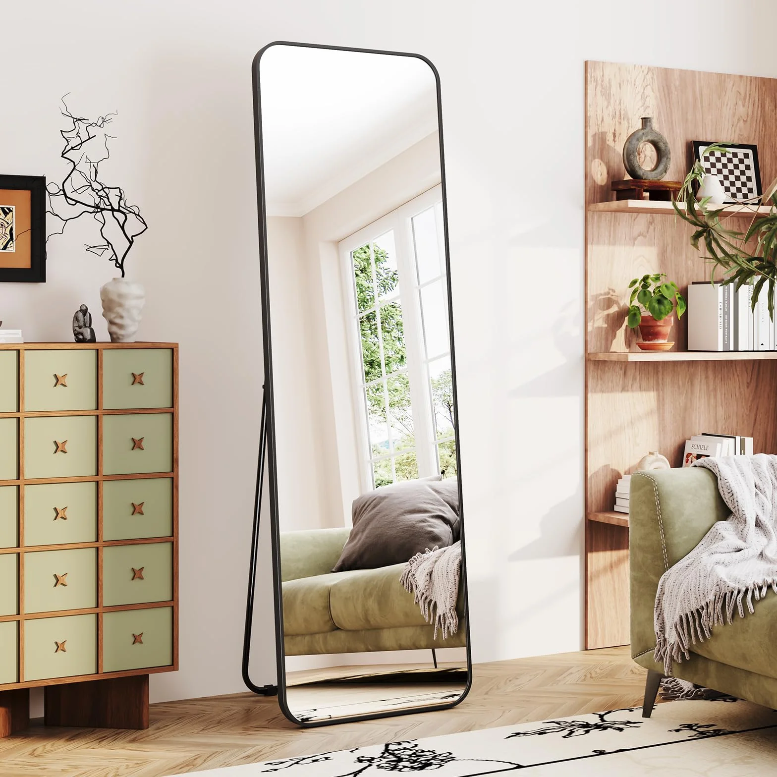 Dripex Grand Miroir 150x40cm Coins Arrondis Miroir Pied Suspendu Cadre Alliage Aluminium Noir