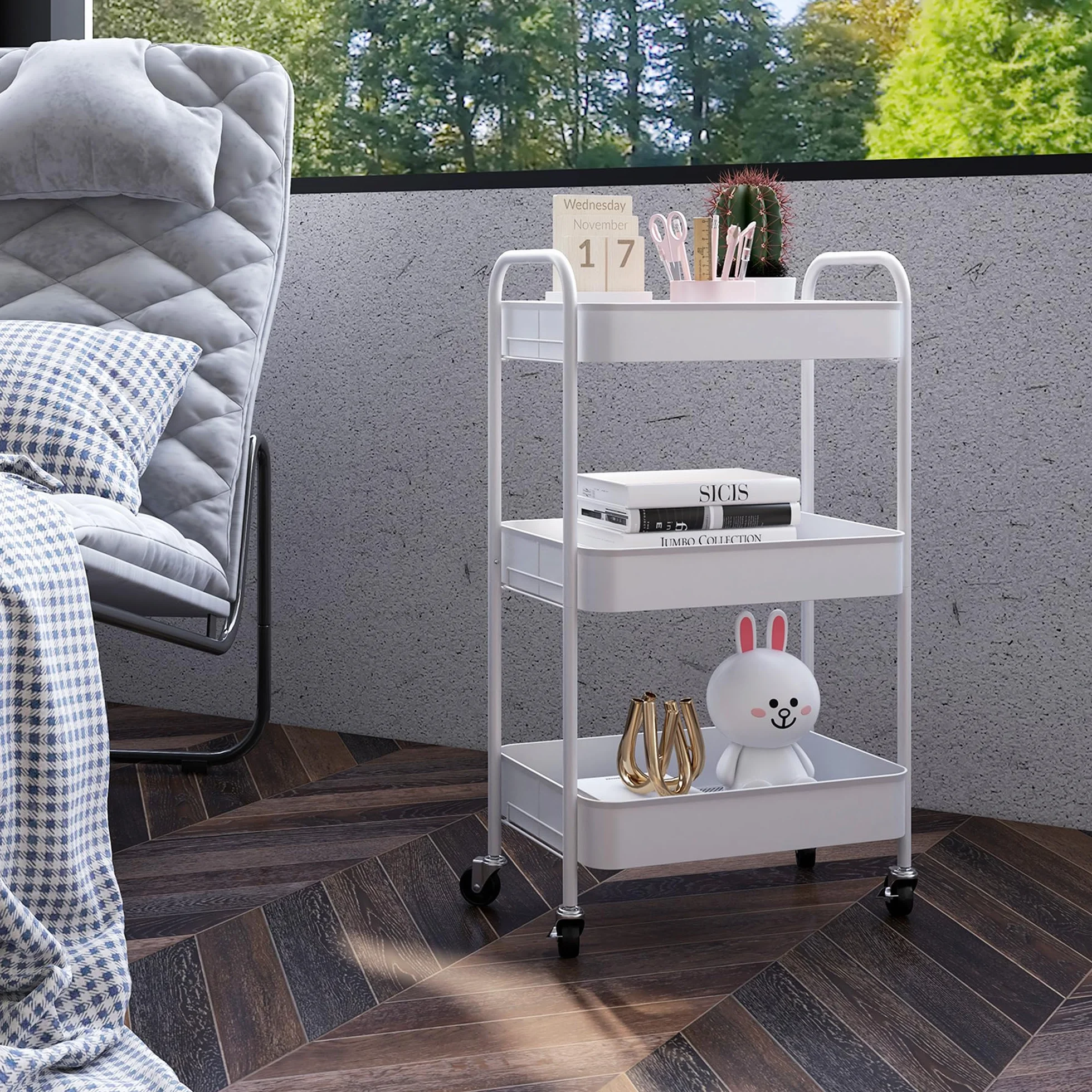 HOMCOM Chariot de Rangement en Acier 3 Niveaux Plateaux ajourés 45 x 30,6 x 79 cm Blanc
