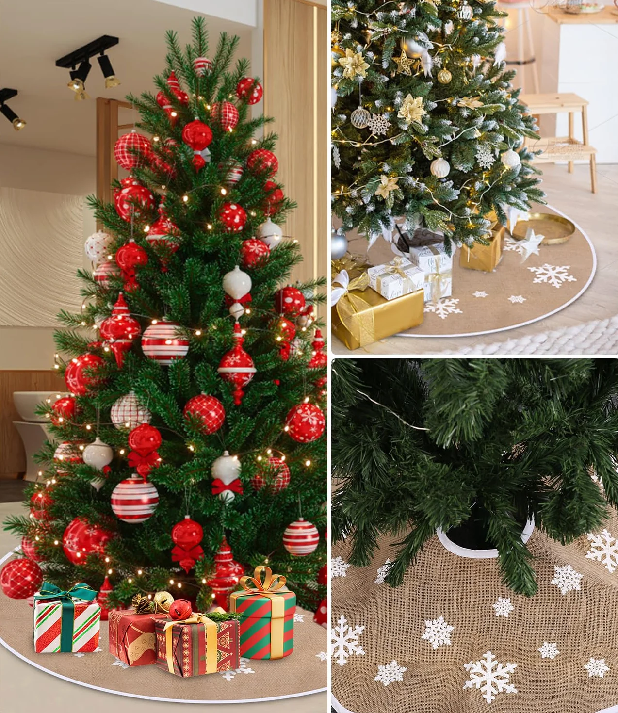Jupe de Sapin de Noël Flocons de Neige Lin Kaki 80 cm