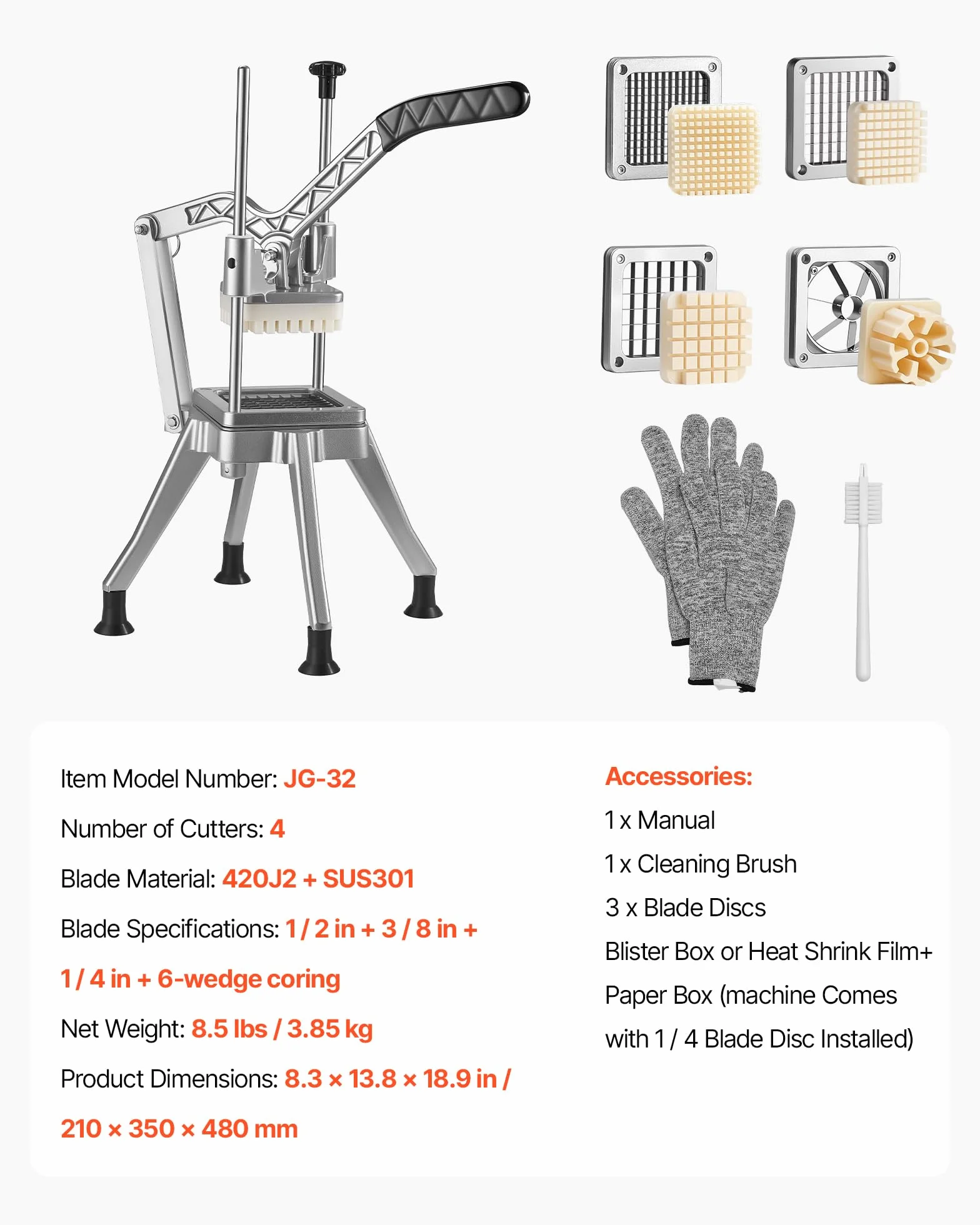 VEVOR Coupe Frites Manuel Professionnel, 4 Couteaux de Rechange 13 mm / 9 mm / 6 mm, Vide-pomme 6 Quartiers en Inox