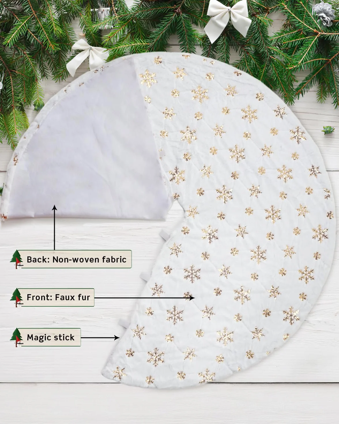COOLWUFAN 48in 120cm Jupe de Sapin de Noël Blanc Doré Sequin Flocon de Neige
