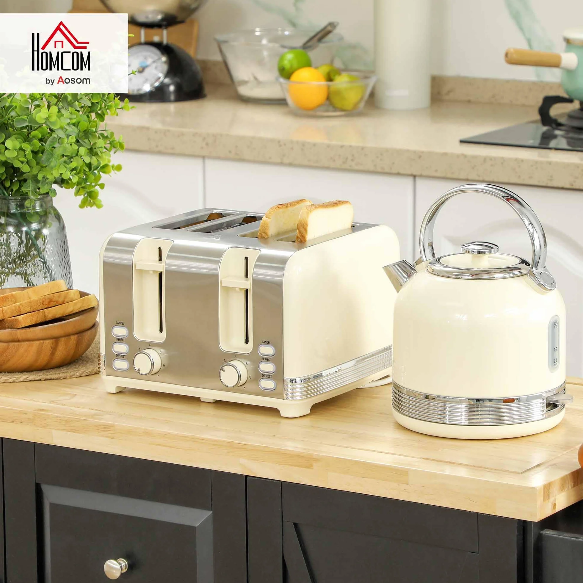 HOMCOM Ensemble bouilloire et grille-pain 2200 W, bouilloire inox 1,7 L, grille-pain 4 tranches, 7 niveaux brunissage, crème