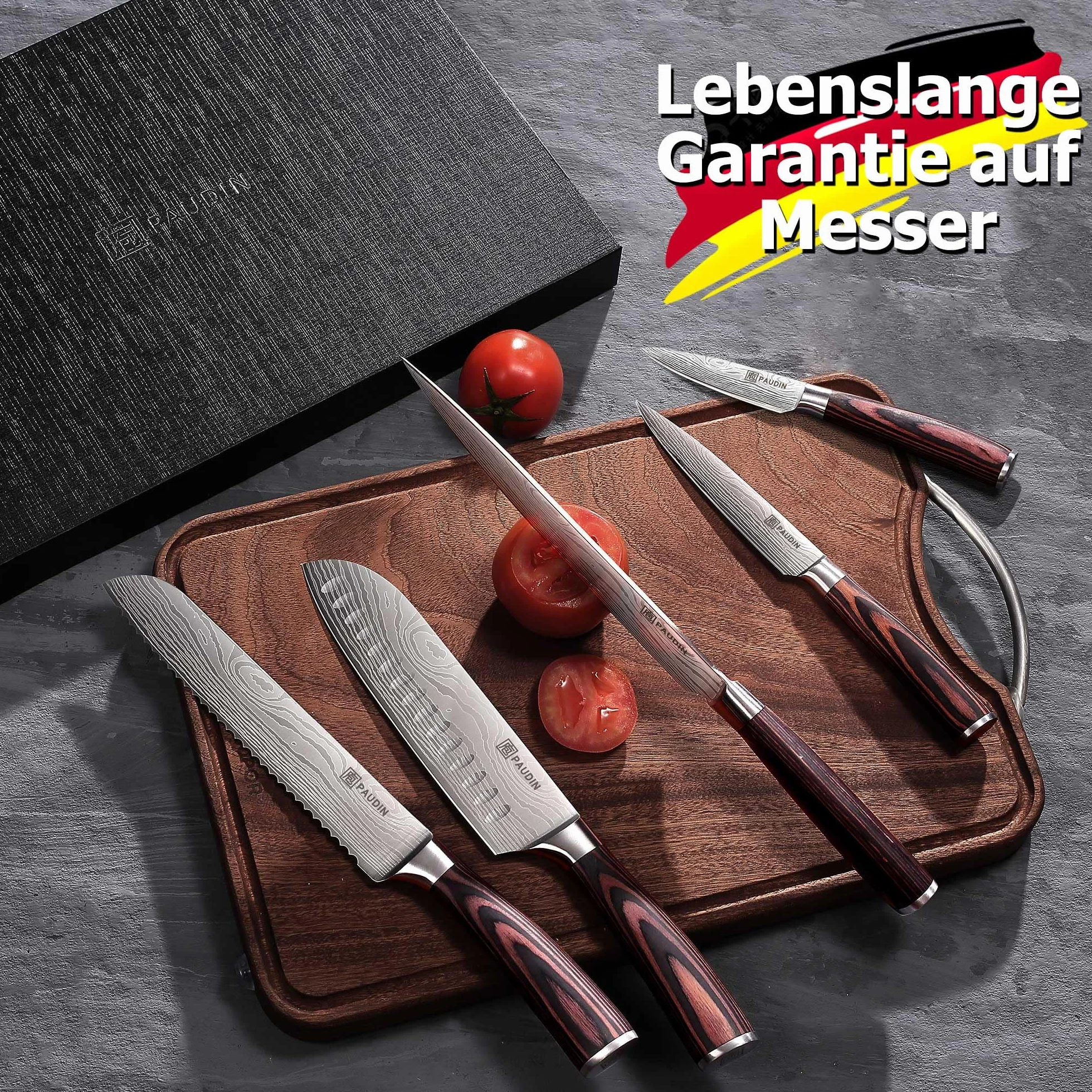 PAUDIN Set Couteau Cuisine Professionnel 5 Pièces Acier Inoxydable Couteau Chef Santoku Bois