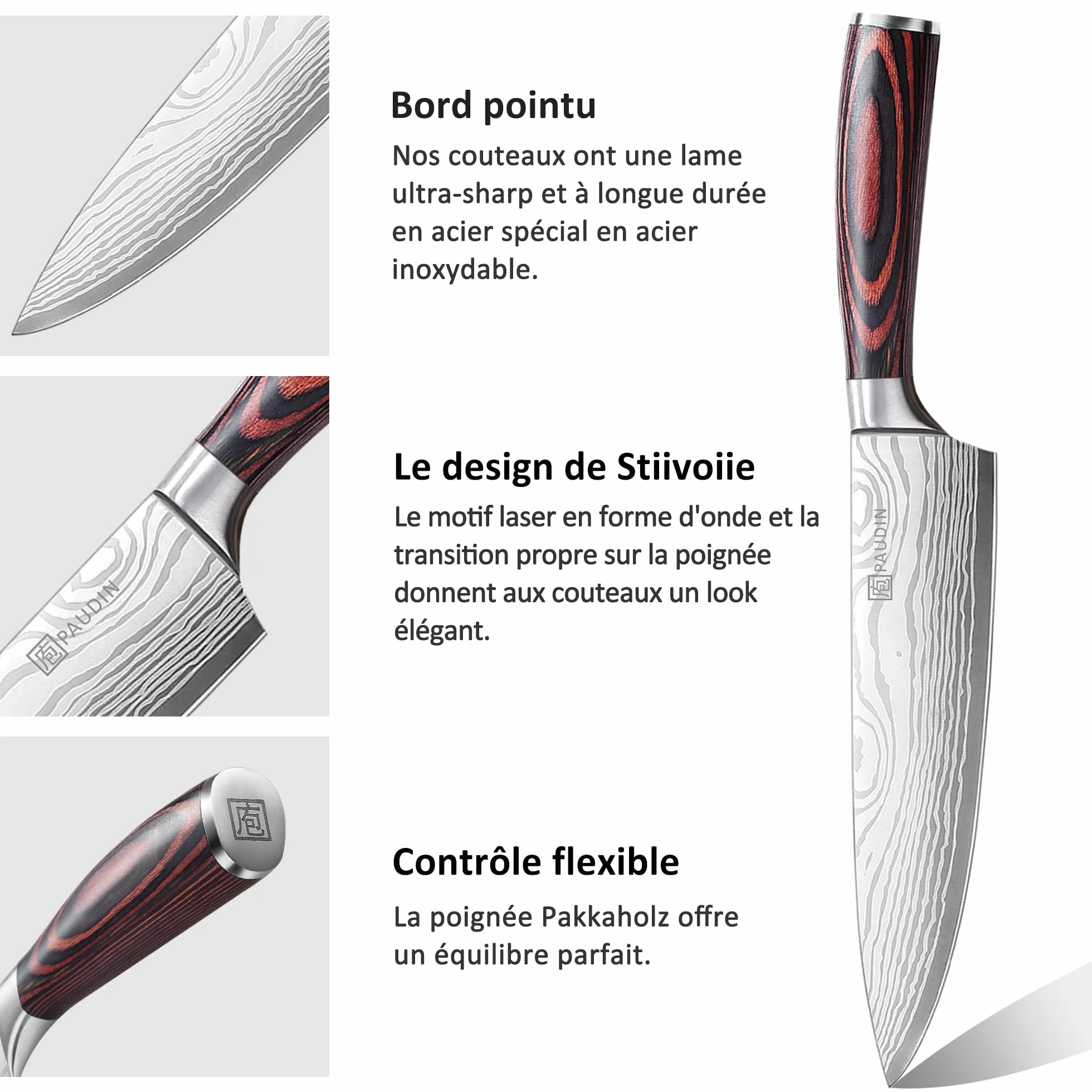 PAUDIN Couteau Cuisine Professionnel Acier Inoxydable Allemand 20cm 17cm 13cm