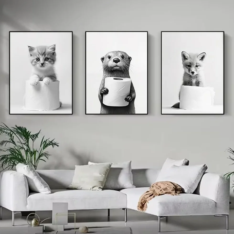 Affiche Murale Noir et Blanc Humour Animaux 40x50 Poster WC Deco Salle de Bain Toilette Humoristique