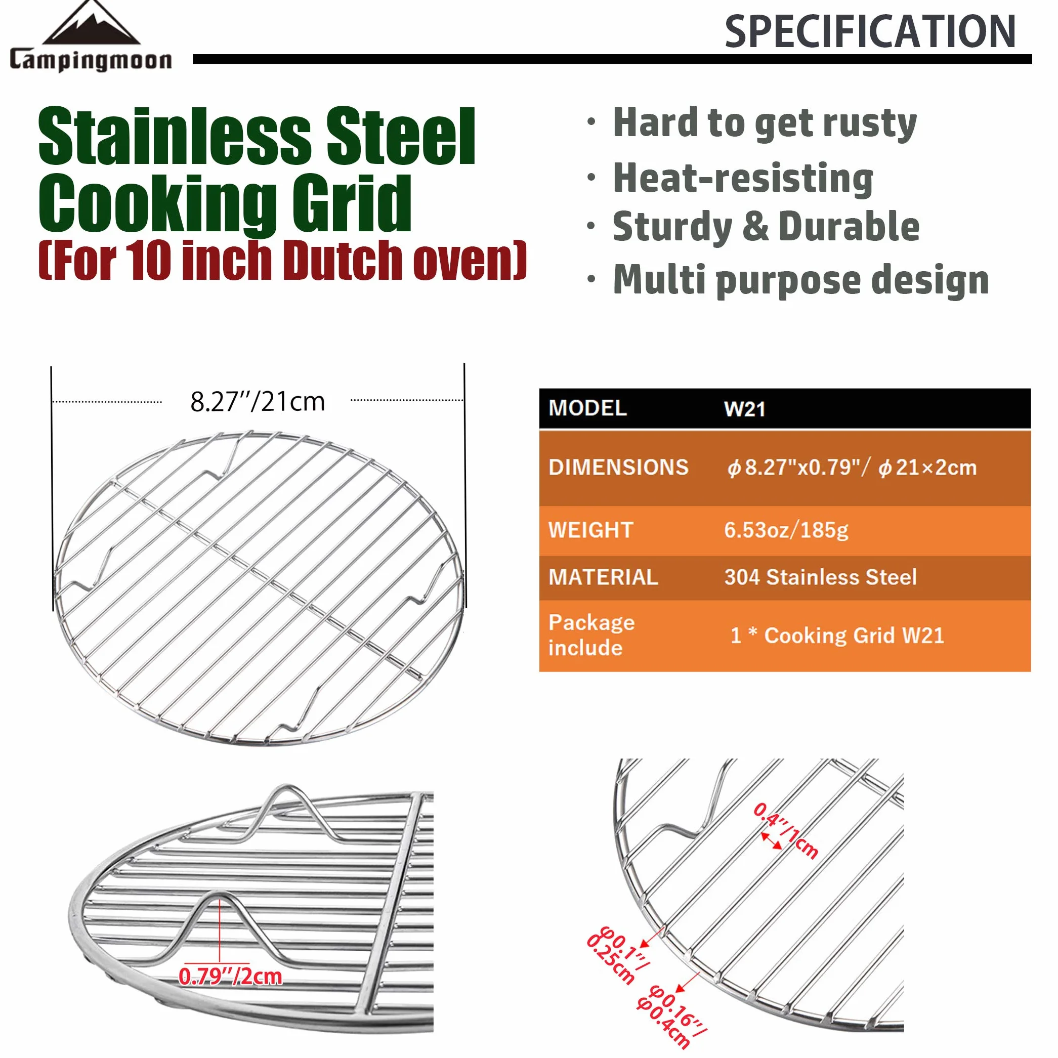 Campingmoon Grille de cuisson ronde en acier inoxydable 21 cm pour four hollandais