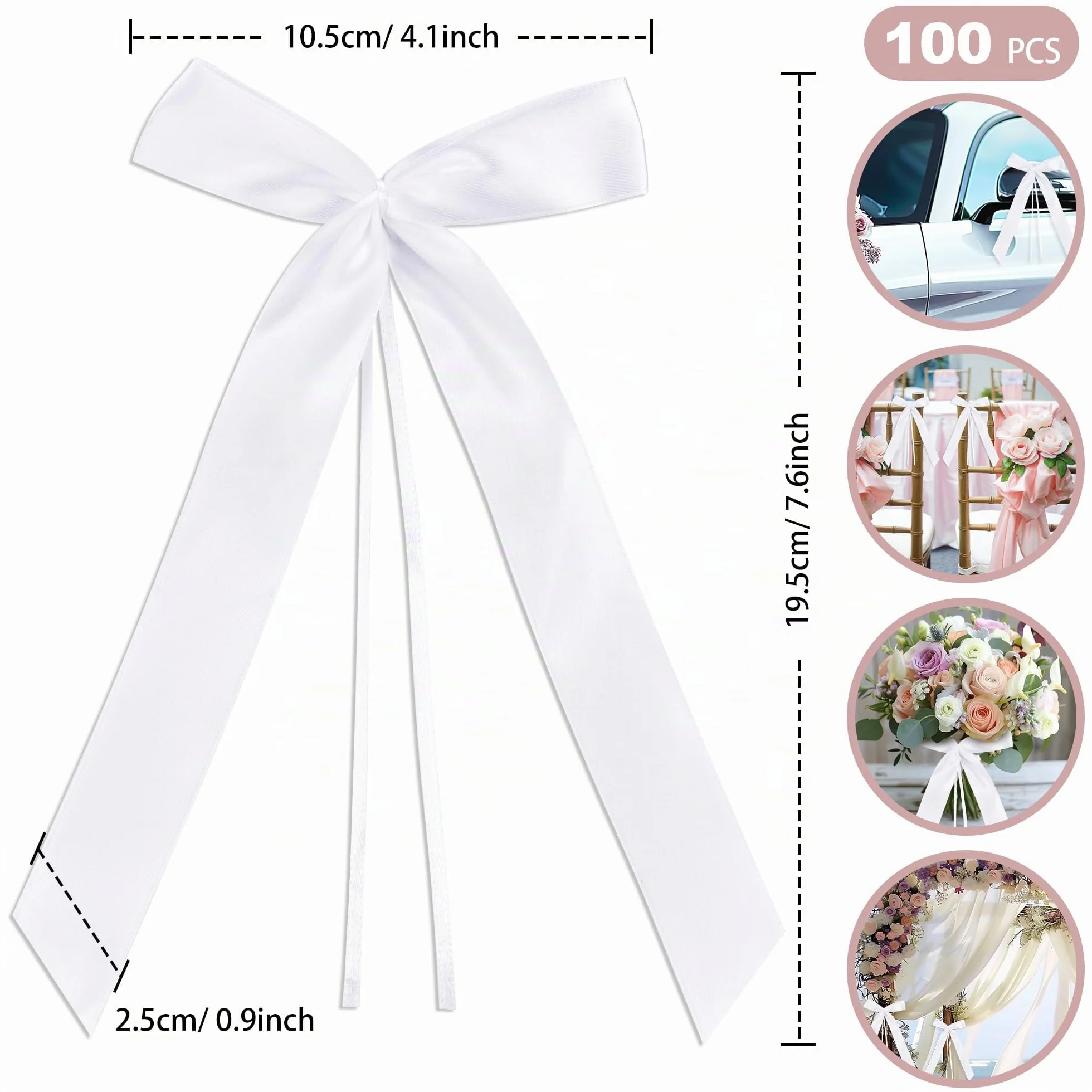 DazSpirit 100 pcs Noeud Voiture Mariage Blanc, Ruban Satin Decoration Mariage pour Deco Voiture, Mariage Champetre, Decoration Voiture Mariage de Chaise, Cadeaux, Wedding Ceremony, Bouquet | Prêt à l'emploi