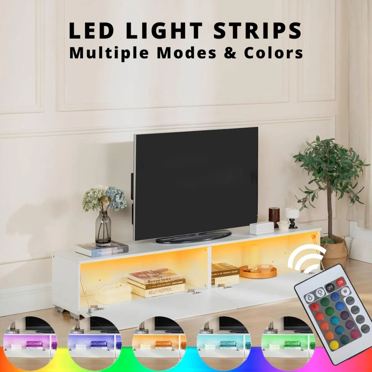 Meuble TV Blanc 180 cm avec éclairage LED, Meuble TV Suspendu ou sur Pied en Bois avec 2 Compartiments de Rangement Support Télévision Mural Moderne pour Salon Chambre