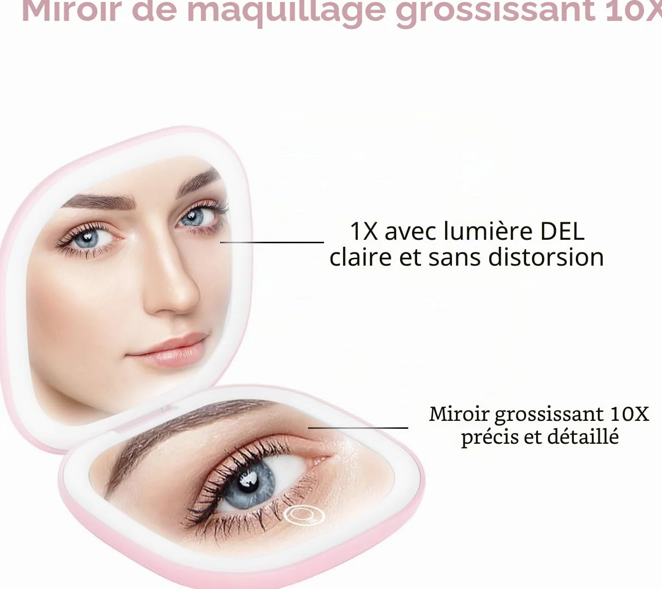 QUMOX Miroir de Maquillage Éclairé Grossissant 10X Rechargeable avec Lumière LED 3 Modes Contrôle Tactile USB-C