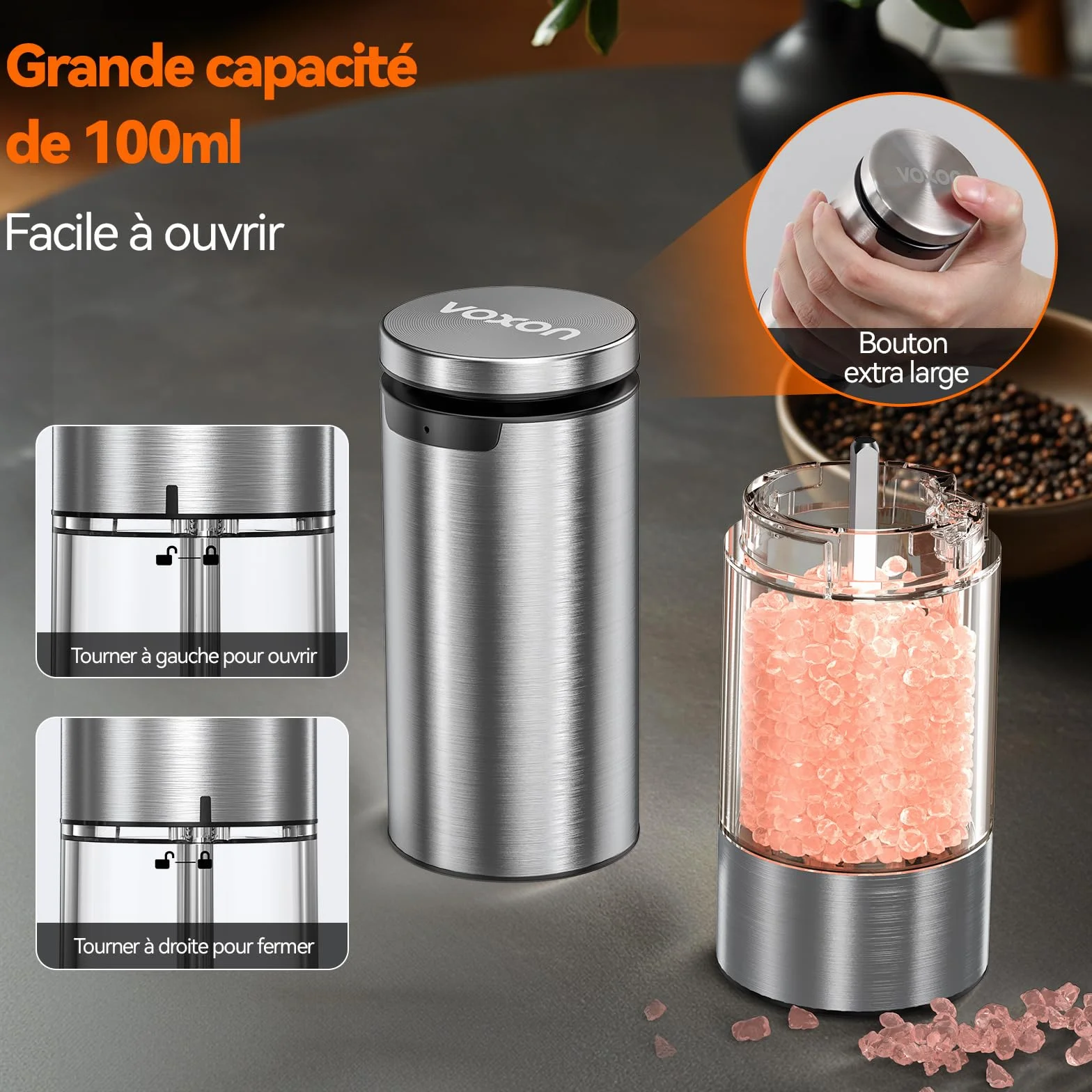 VOXON Lot de 2 moulins à sel et à poivre rechargeable USB, 5 niveaux de mouture réglable, électrique avec lumière LED