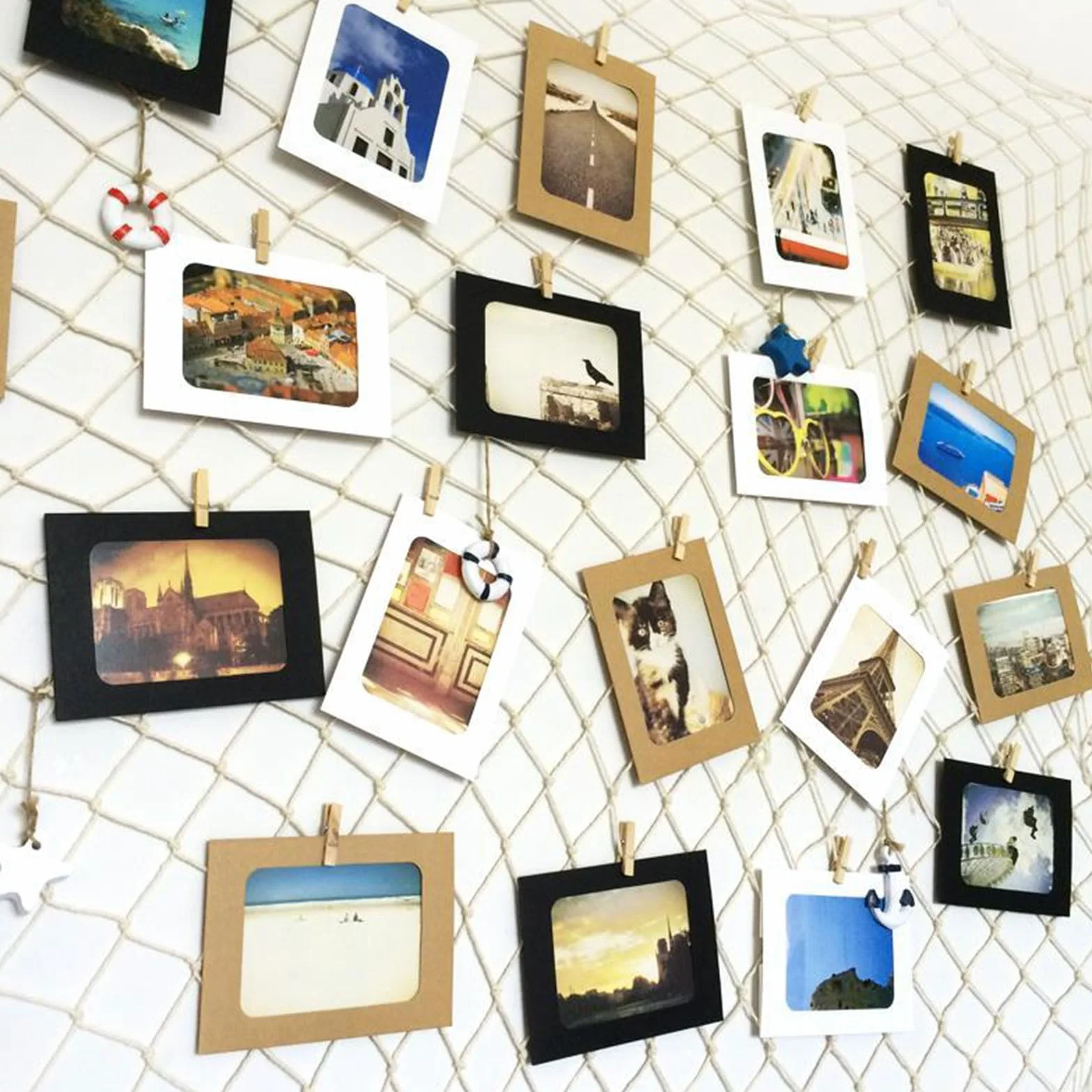 Cadres Photo en Papier Kraft 15,5 x 11,5 cm avec Pinces en Bois et Corde de Chanvre Décoration Murale
