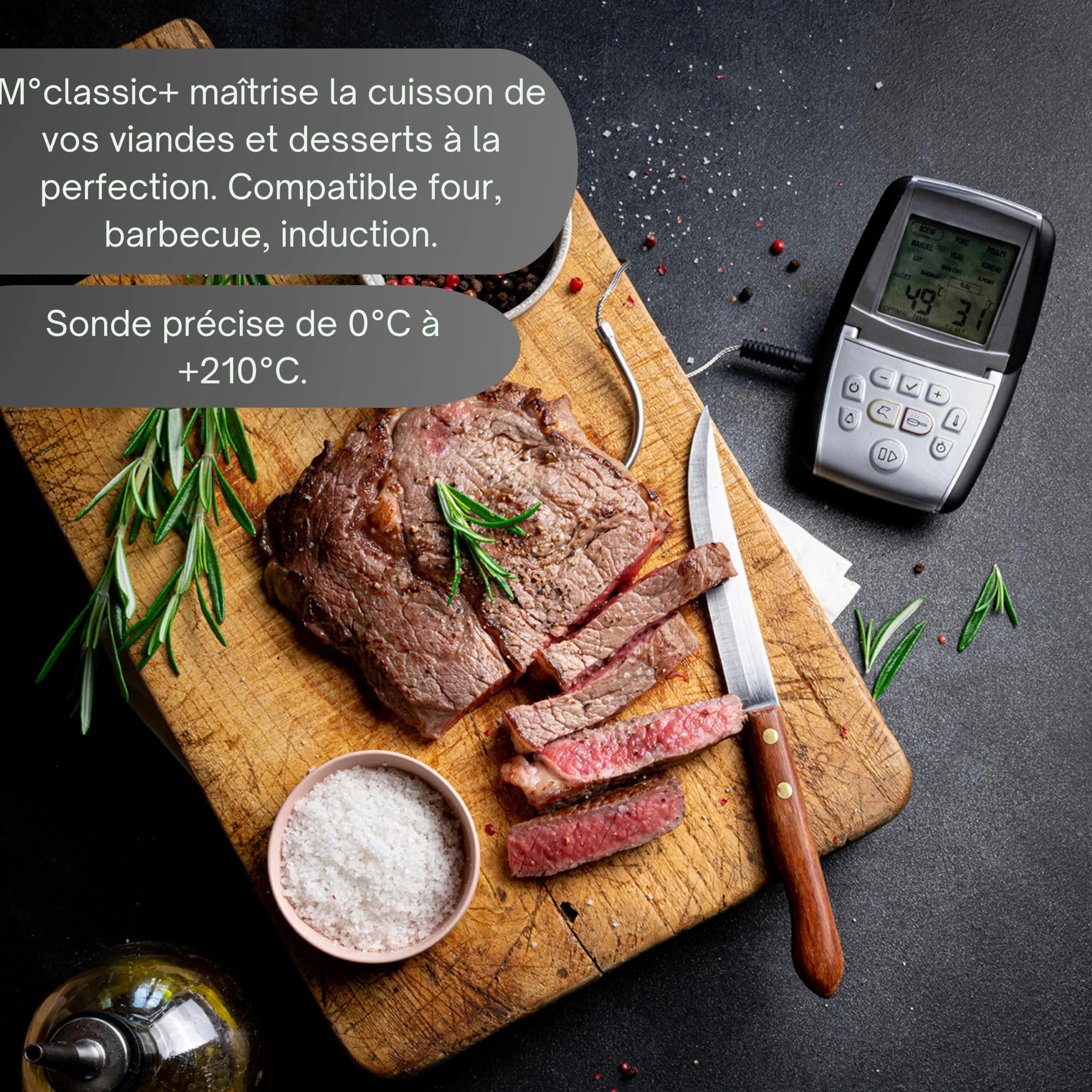 Mastrad Thermosonde De Cuisson m°classic+ Thermomètre Sonde 0-210°C Programmable Viande Cuisson Compatible Four BBQ Induction Alarme Temps Restant 1 Pile AAA