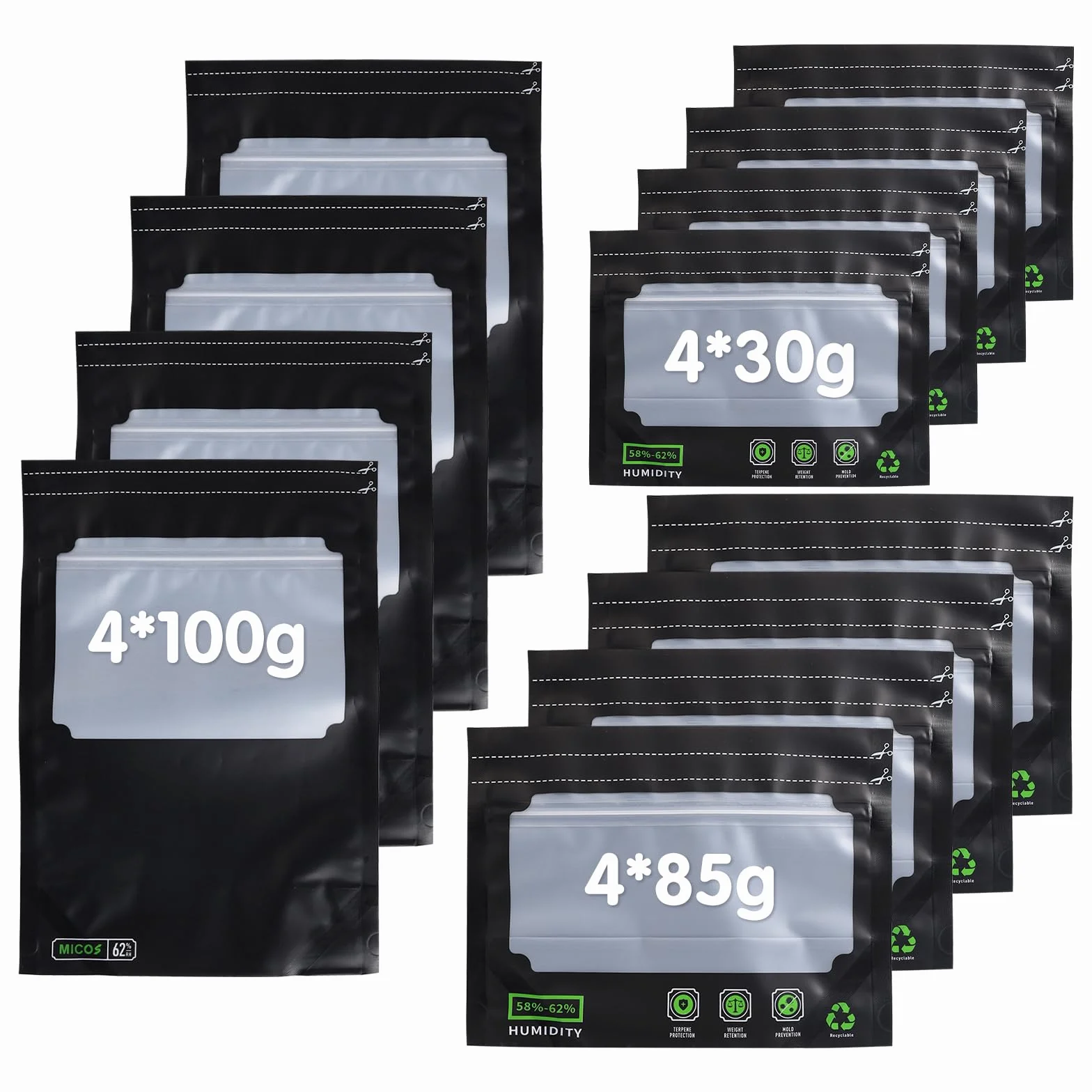 Terploc Sacs de Rangement Grove Bags 30g/85g/100g Hermétiques avec Contrôle de l'Humidité 58-62% Lot de 12
