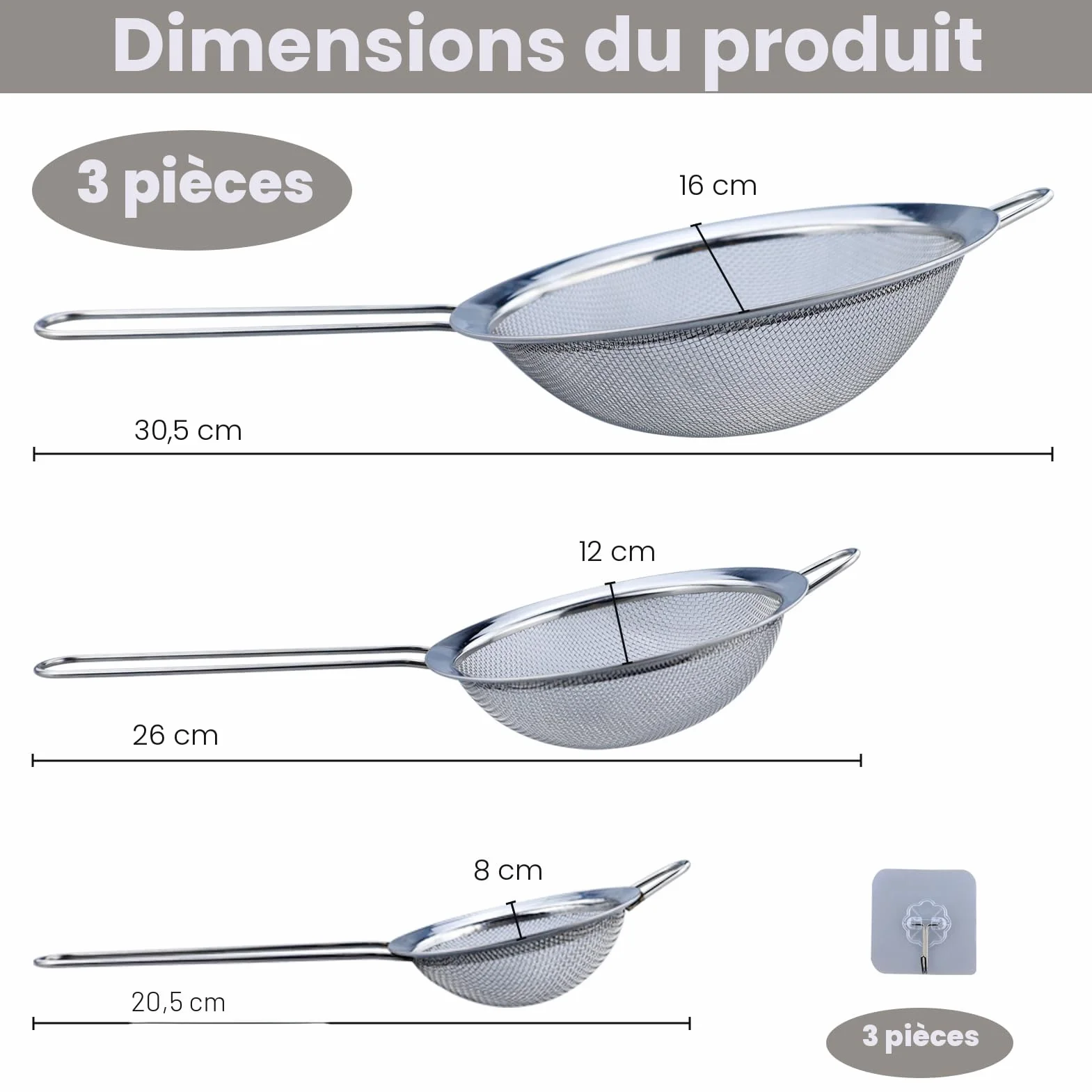 Passoire Inox 3 Pièces Tamis Cuisine Métal Maille Fine 8/12/16 cm Filtre Pâtisserie