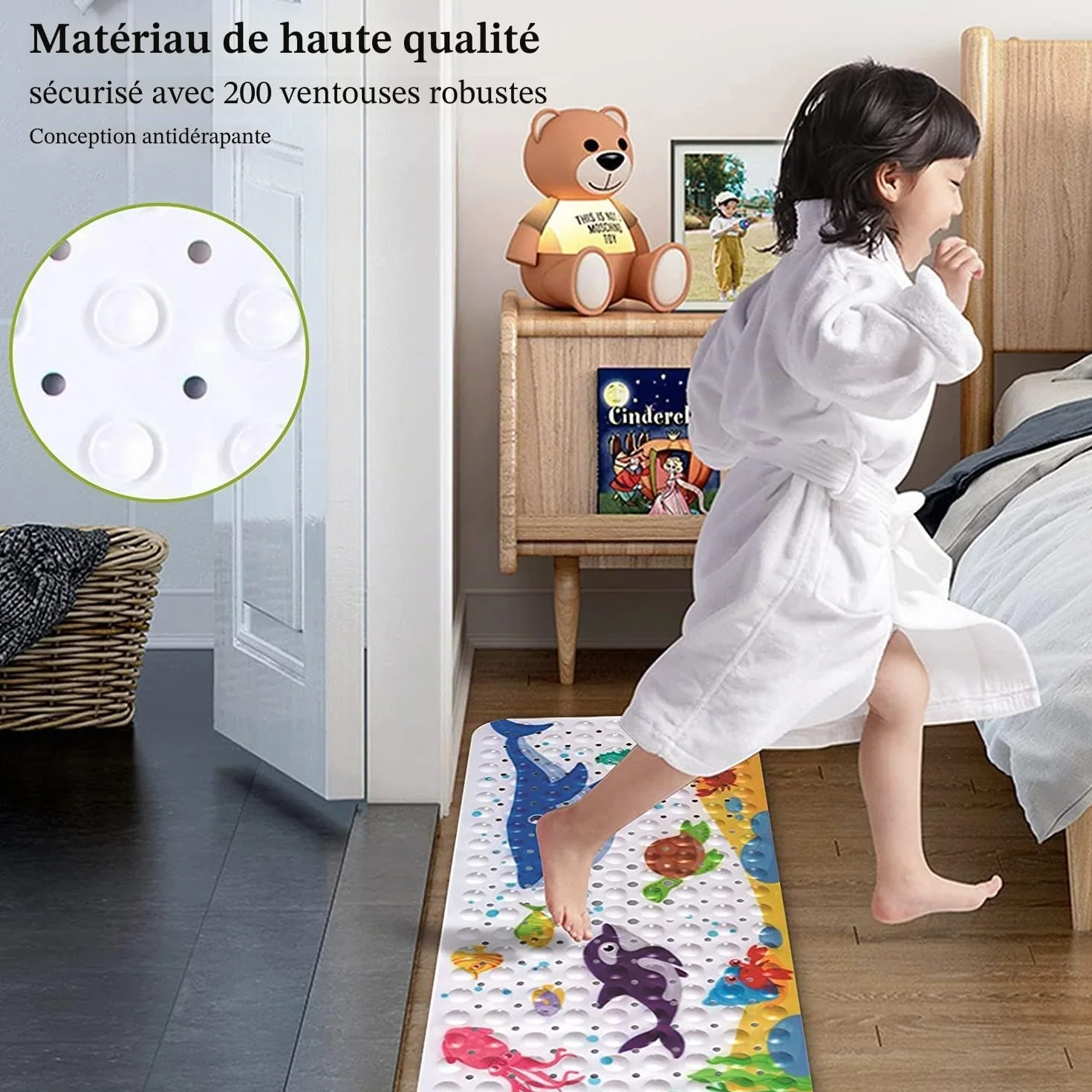 Tapis de Baignoire Antidérapant 100 x 40 cm avec Ventouse PVC Dessin Animé Animaux Marins Enfants