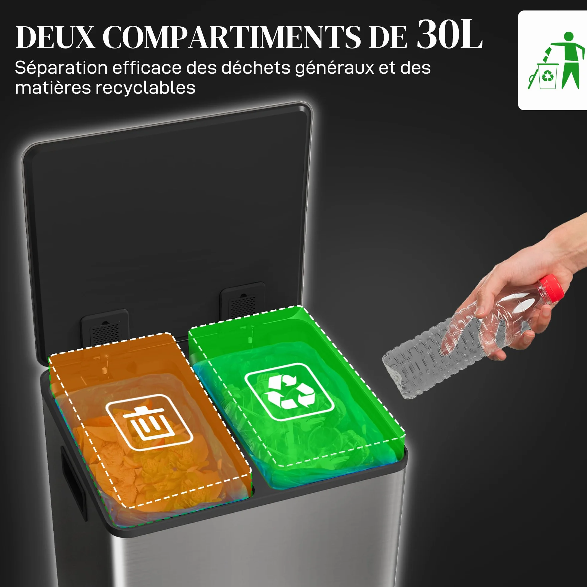 HOMCOM Poubelle de cuisine 2 x 30L à pédale acier inoxydable couvercle fermeture douce seaux amovibles 47,7x37,5x66,8 cm argenté