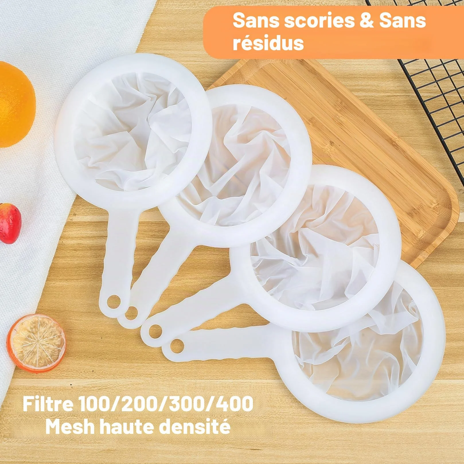 Filtre à Tamis Fin avec Poignée, Alimentaire Filtres en Nylon, 100/200/300/400 Mailles Tamis Cuisine pour Filtrage Jus Lait Café