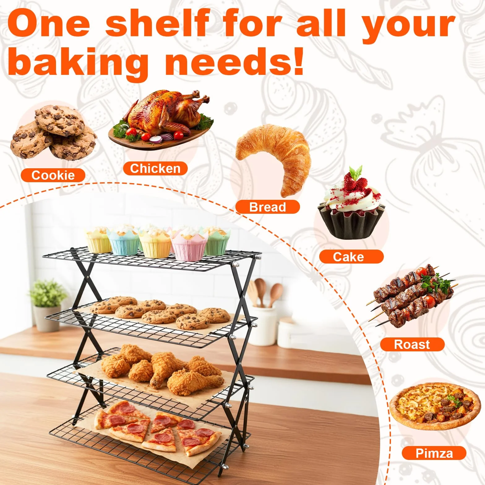 Grille de Refroidissement Pâtisserie Pliable 4 Niveaux Antiadhésif 43 x 24,5 cm