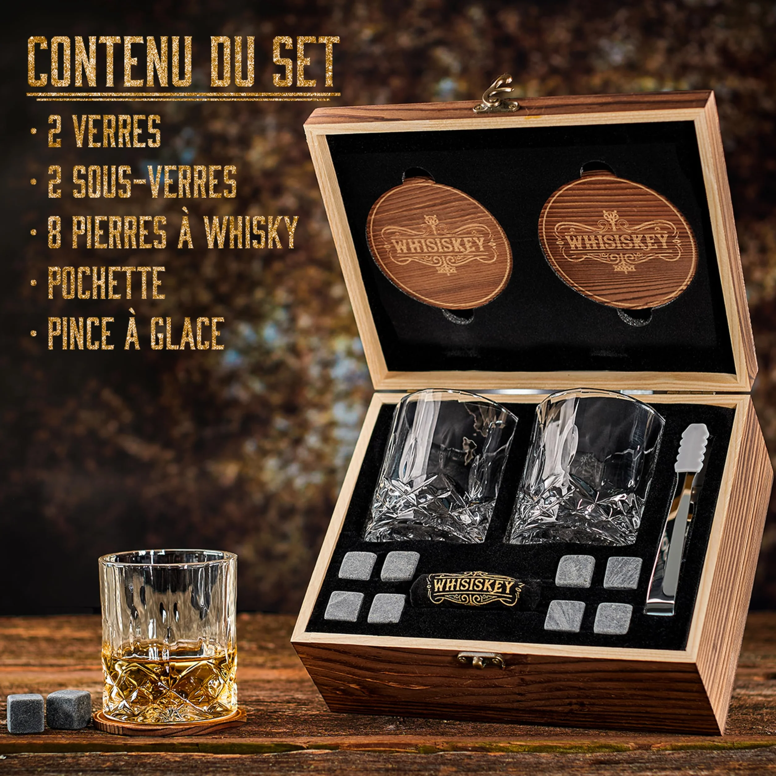 Set de Verre à Whisky Coffret Cadeau Homme 310ML 8 Pierre à Whisky