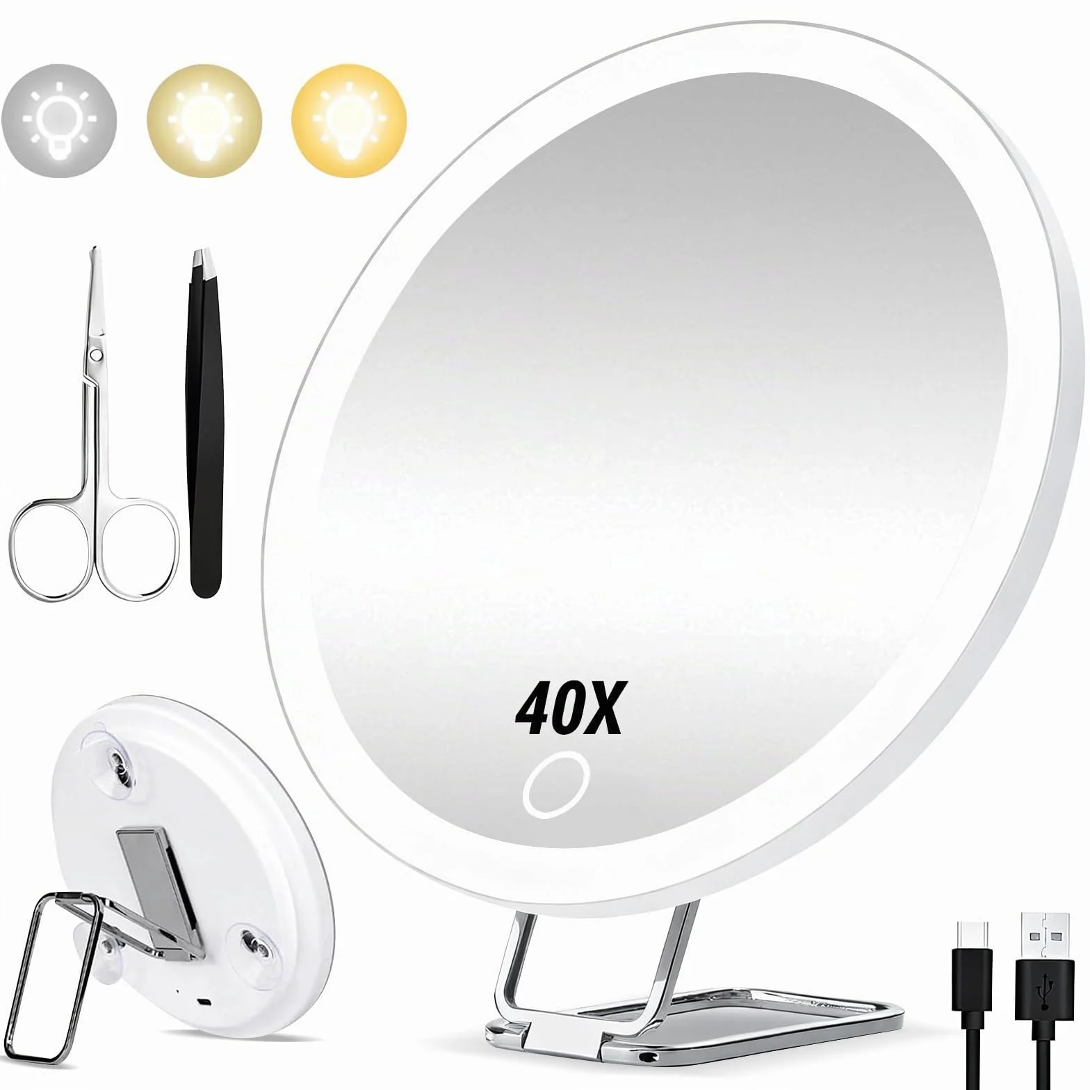 Miroir Grossissant Lumineux 40X Grand Miroir de Maquillage Tricolore Réglable Support Rotatif 360° LED Portable 3 Ventouses