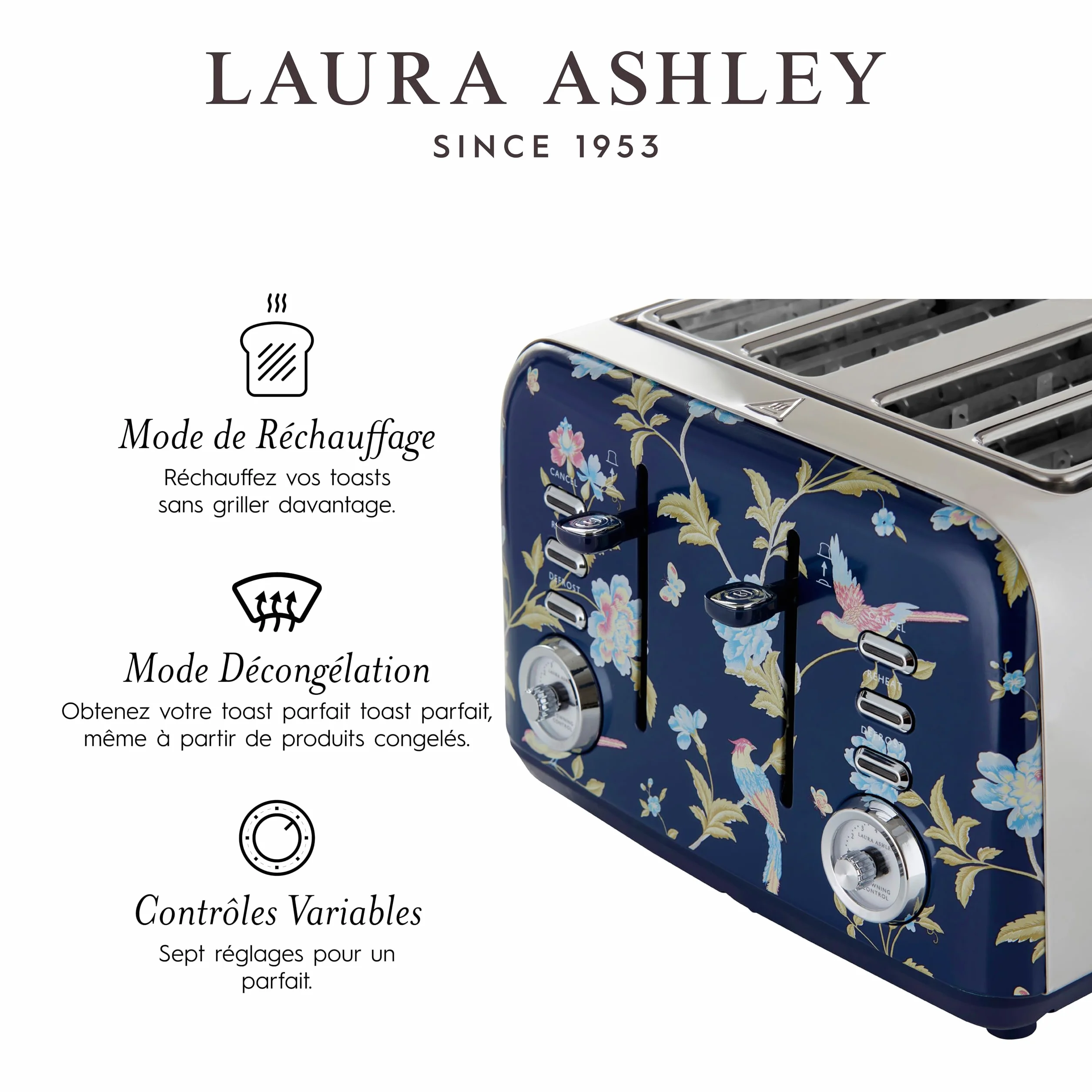 Laura Ashley VQ Bouilloire Sifflante Inox 2,5 L Grille-Pain 4 Tranches Décongélation Réchauffage Elveden Bleu