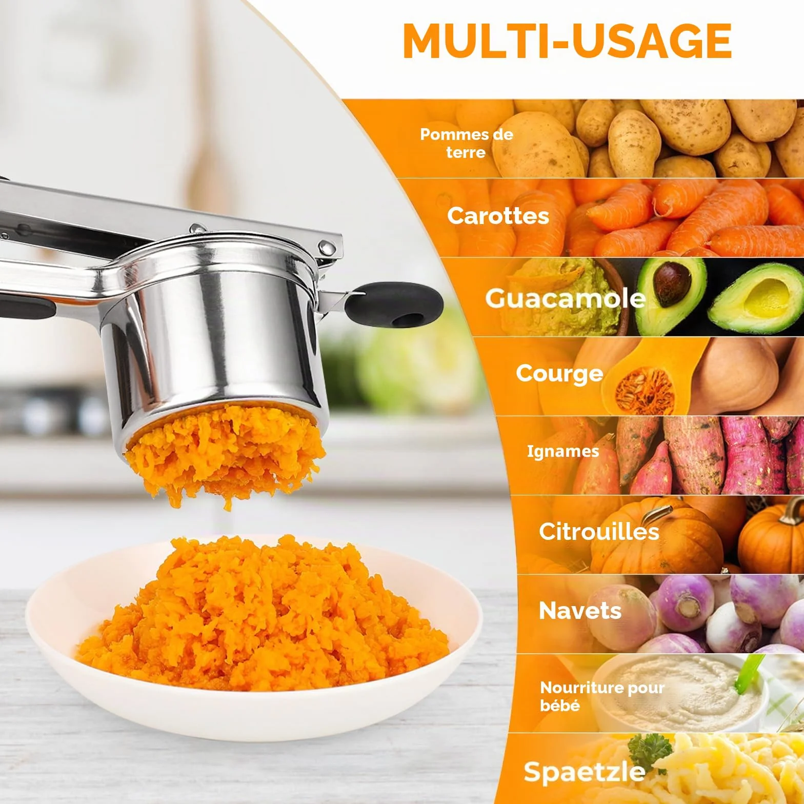 Presse-purée inox 450 ml fond perforé fixe, presse à pommes de terre grande capacité