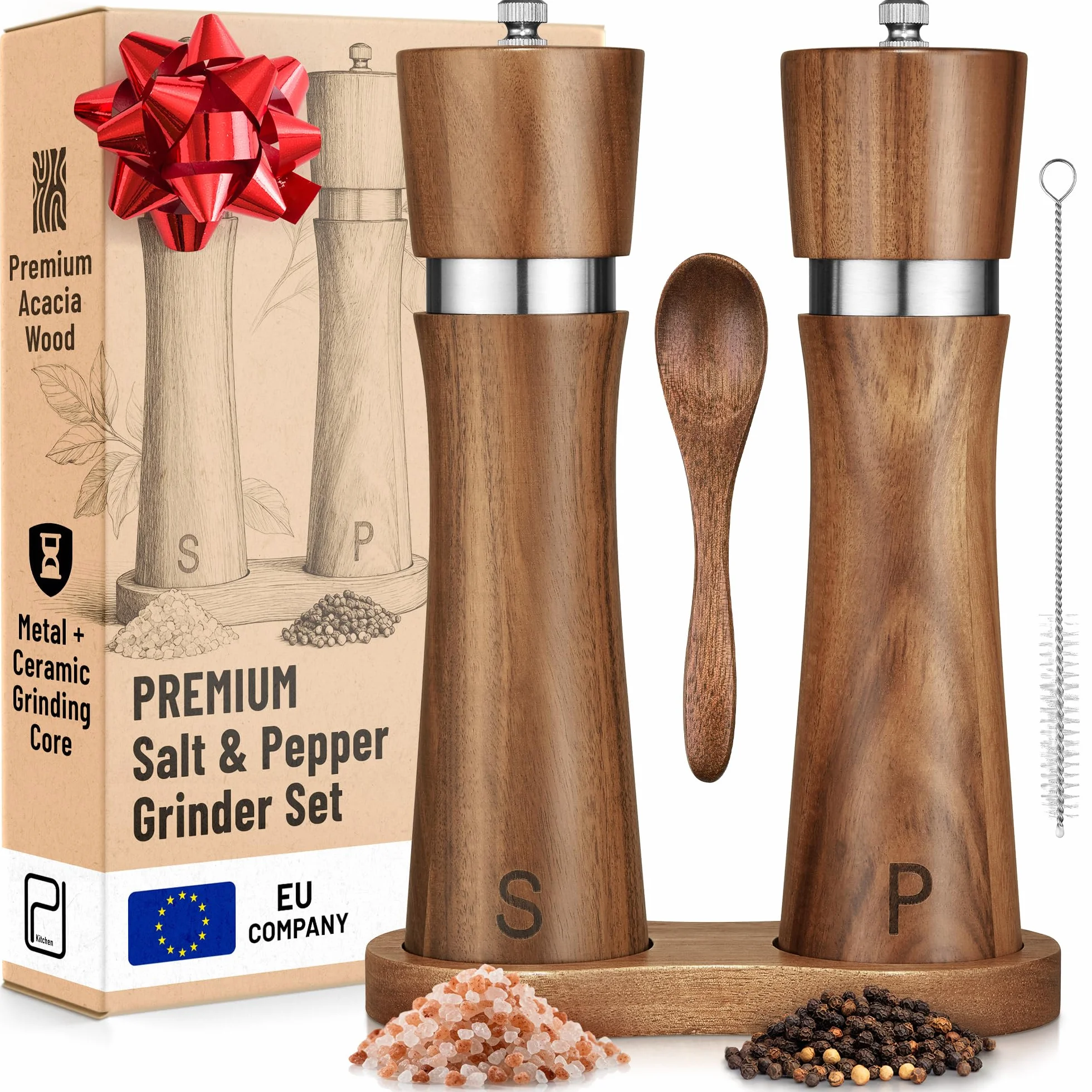 PJC-Kitchen Ensemble de Moulins à Sel et Poivre en Bois d’Acacia avec Plateau - 60 g