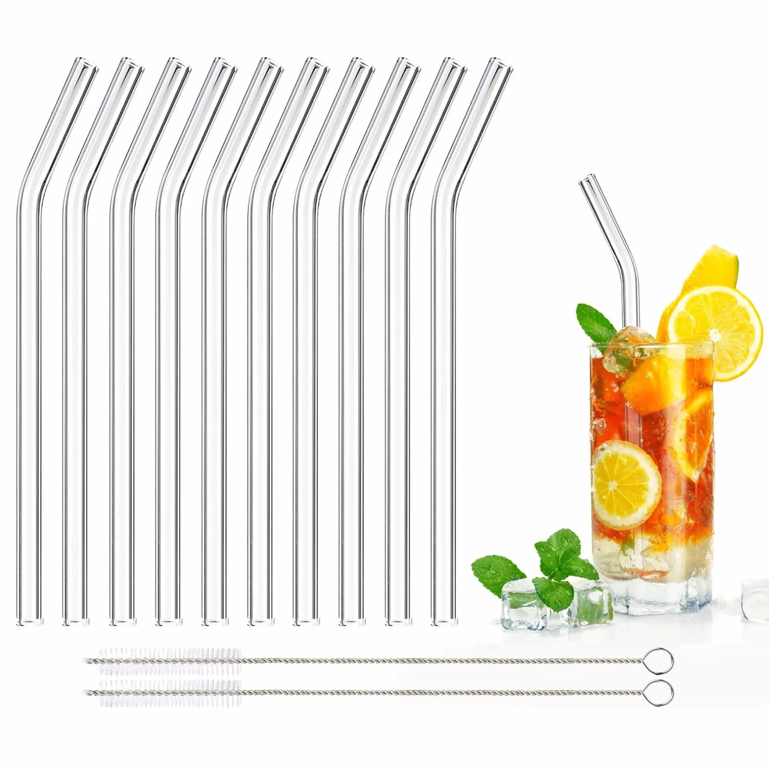 Pailles en Verre Réutilisables 20cm Transparente Courbée avec Brosses de Nettoyage