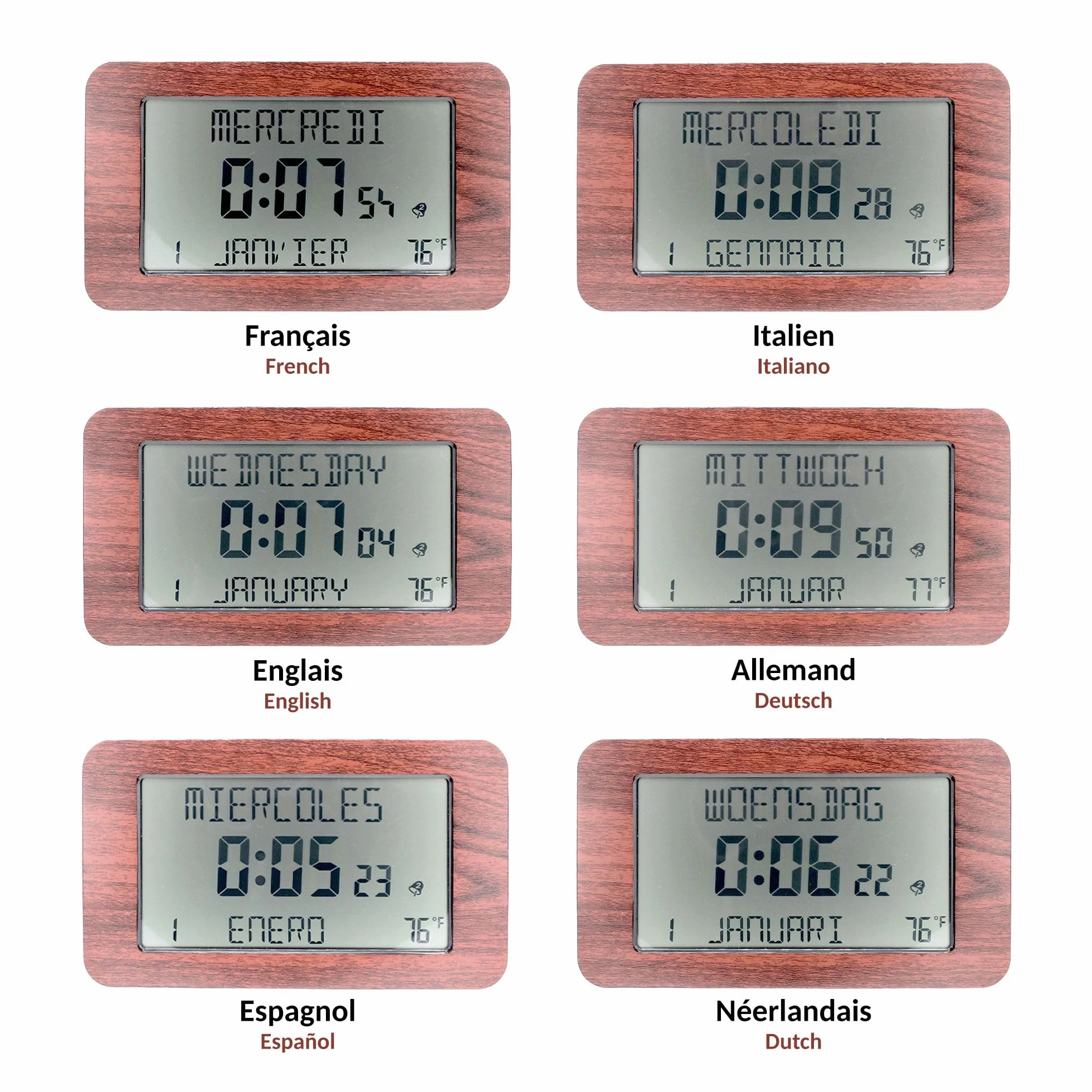 FISHTEC Horloge Réveil Numérique Murale Radiopilotée Grands Chiffres 6 Langues 2 Alarmes Température