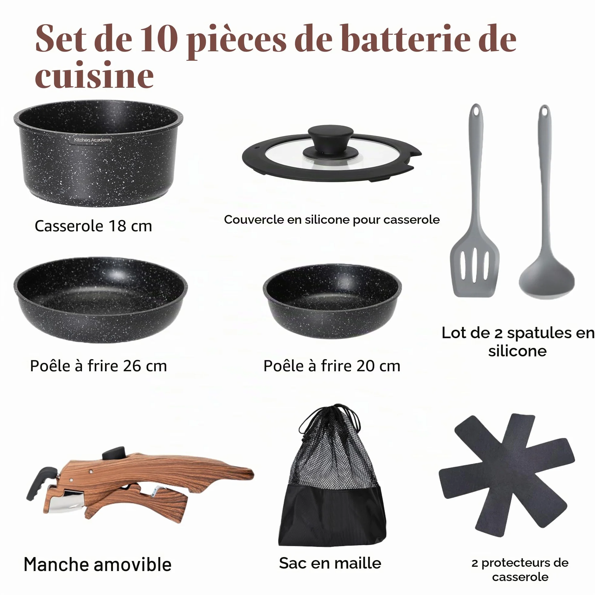Kitchen Academy Lot de 10 Casseroles et Poêles avec Poignée Amovible, Couvercles en Verre, Revêtement Anti-adhésif Compatible Induction Noir