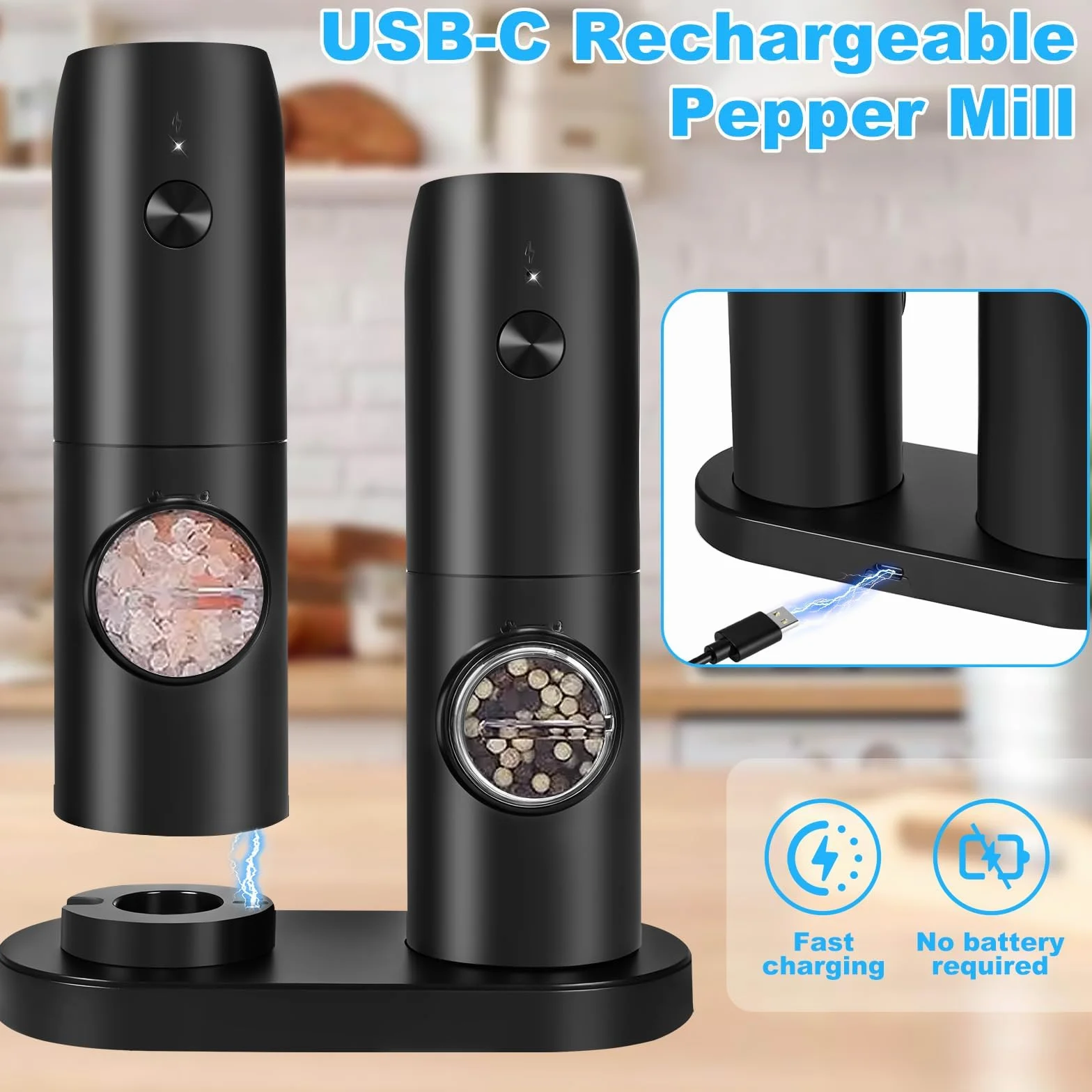 UCAMP Moulin à Sel et Poivre Électrique, Base Rechargeable, Grossièreté Réglable, Lampe LED
