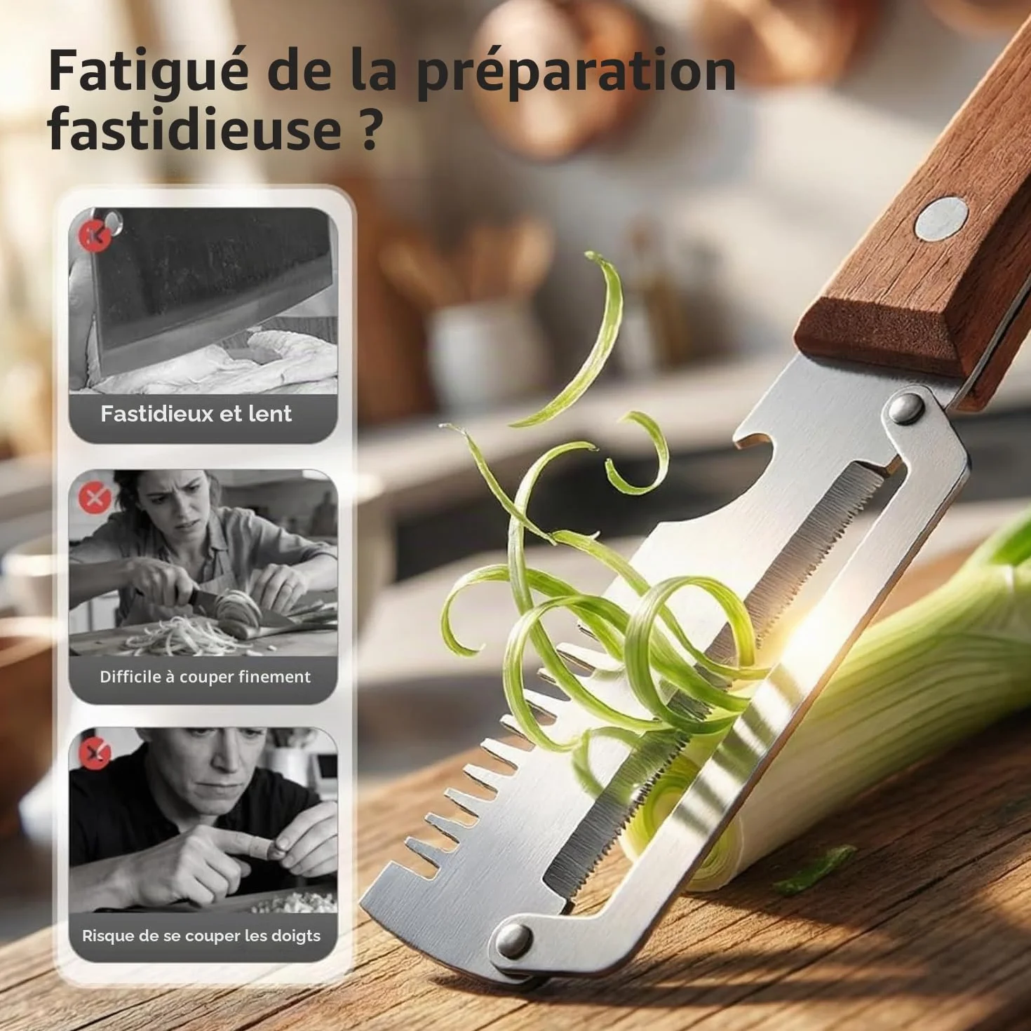 Éplucheur Multifonction 3 en 1 Acier Inoxydable avec Manche en Bois, Coupe-Légumes et Ouvre-Bouteille