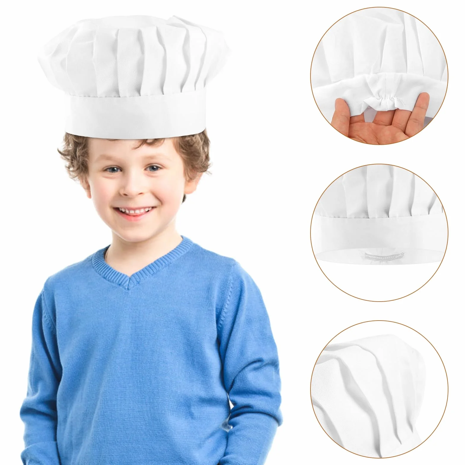 Toques de cuisinier pour enfants, lot de 3, blanches, coton élastique, réglables