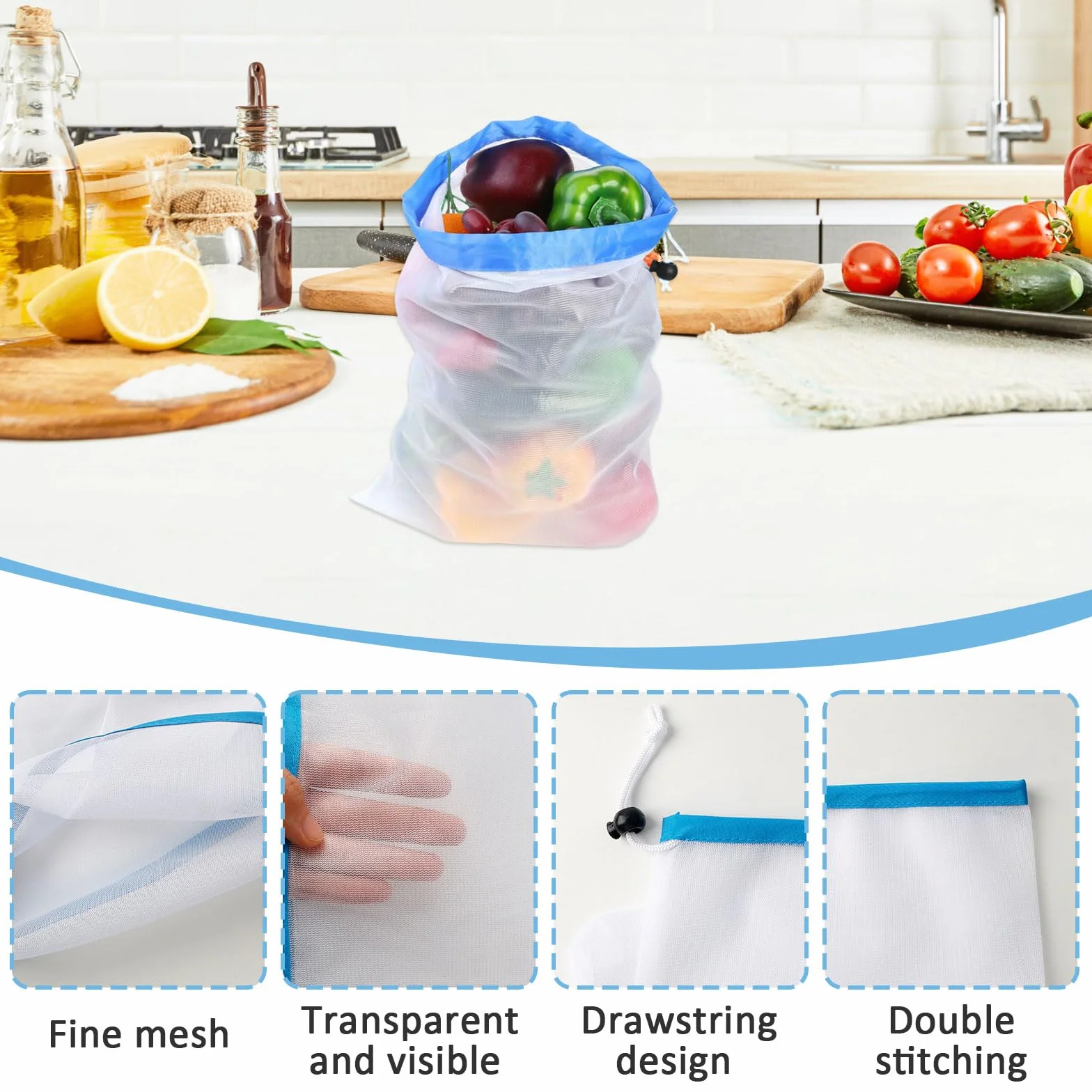 Sac Filet 12 Pièces 43 x 30 cm Réutilisable avec Cordon de Serrage pour Légumes Fruits