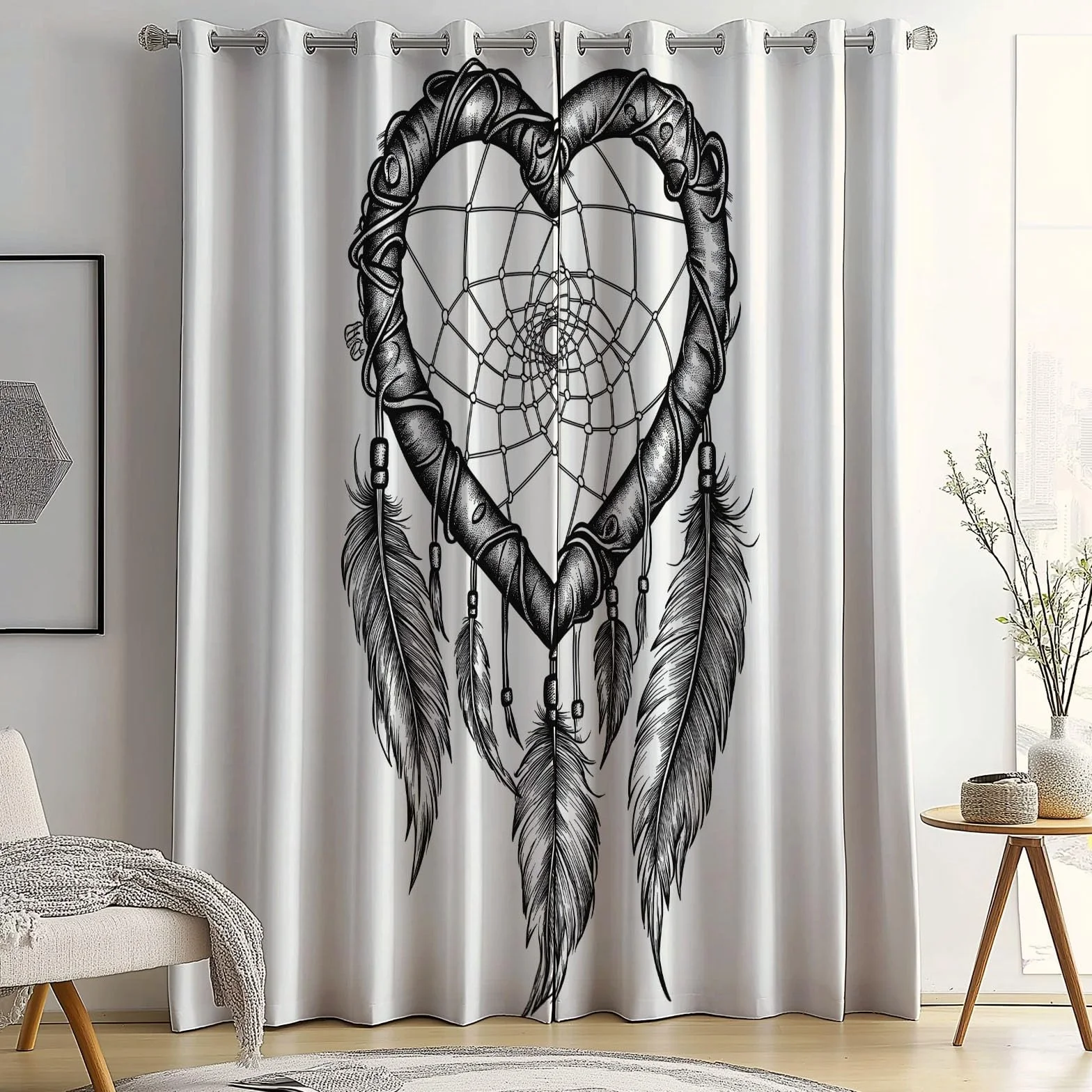 Rideaux Occultants 91.5x214 cm 2 Panneaux Attrape-rêves Coeur Tissu Occultant Chambre Enfant Blanc