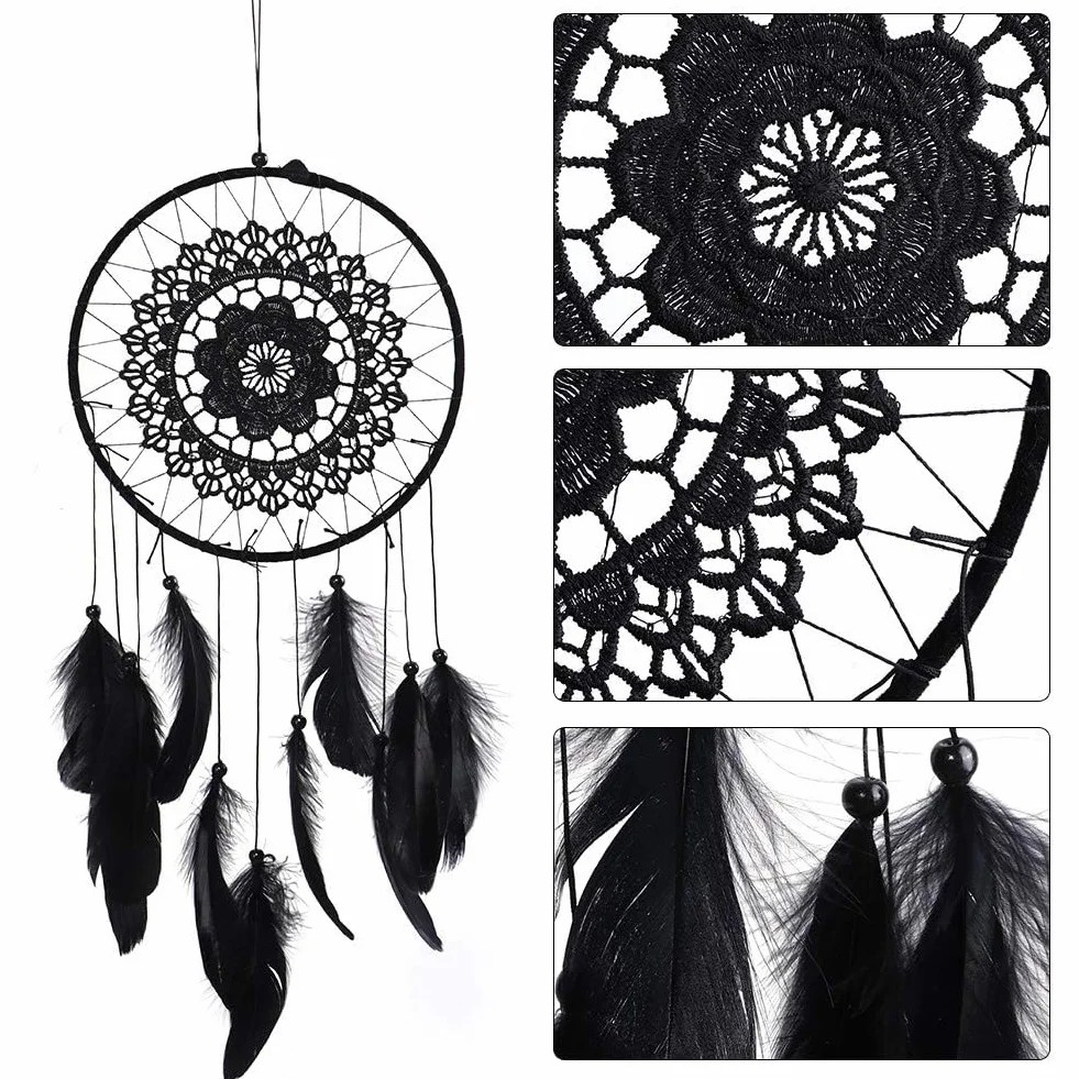 Dreamcatcher Noir Plumes Ornement Murale Décoration Chambre