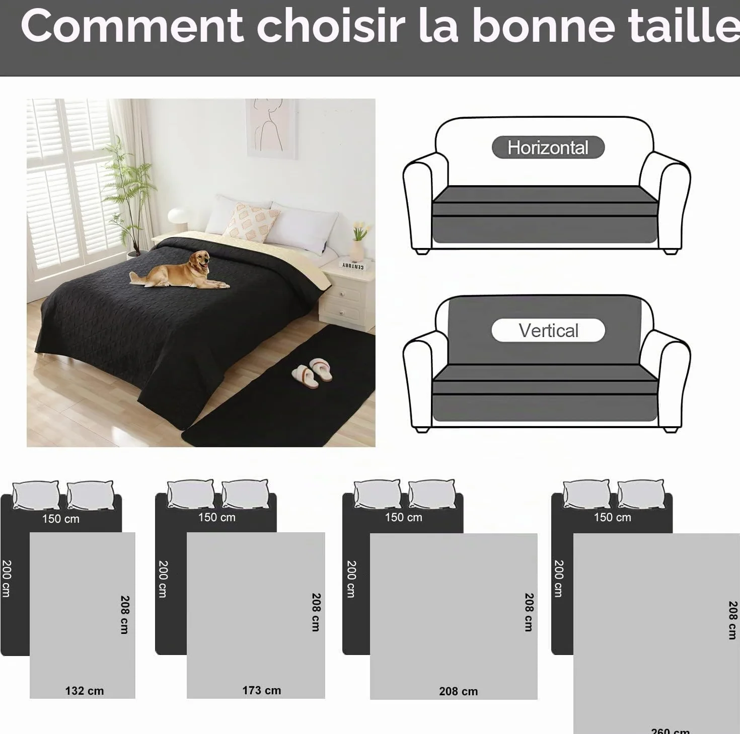Taiyang Housse de canapé imperméable 173-208cm Noir 1 Pack