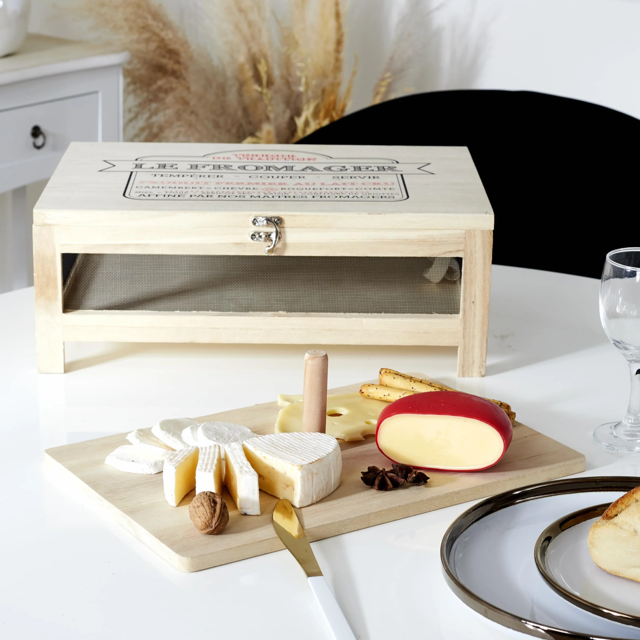 COOK CONCEPT Cave à Fromage KA2362 Plateau Service Bois Acier Inoxydable H15 x 27 x 39 cm Beige Noir