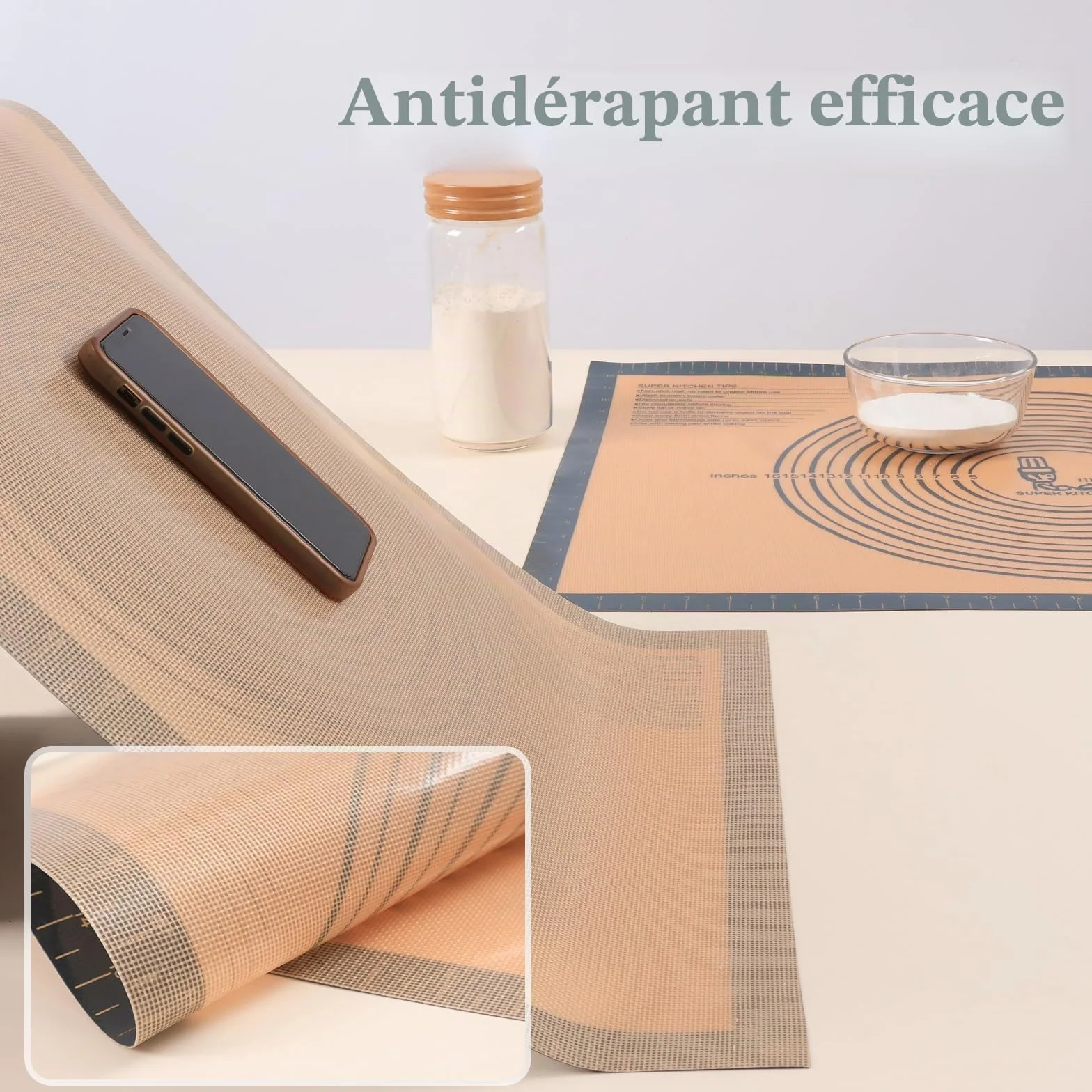 Tapis à Pâtisserie en Silicone Antidérapant 71×51cm avec Grattoir à Pâte Gris