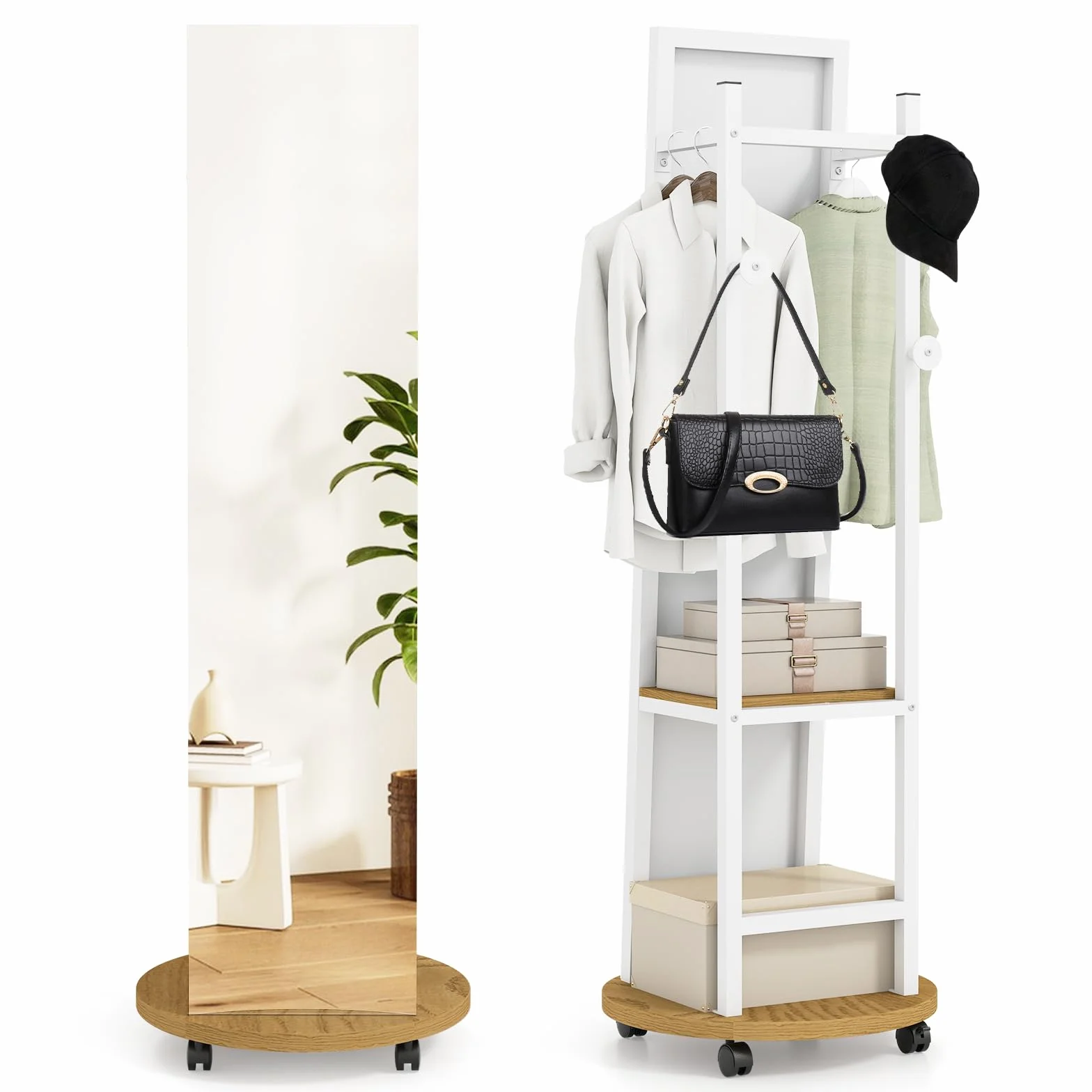 COSTWAY Miroir sur Pied Grand avec Porte-Manteau 4 Roues Pivotantes 360° 3 Crochets Cadre Métal 45 x 135 cm Blanc Naturel