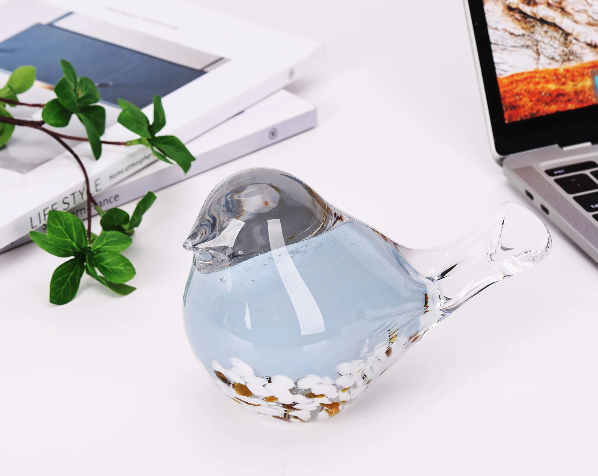 Statue d'oiseau en verre soufflé à la main Presse-papier Décoration d'intérieur (bleu)