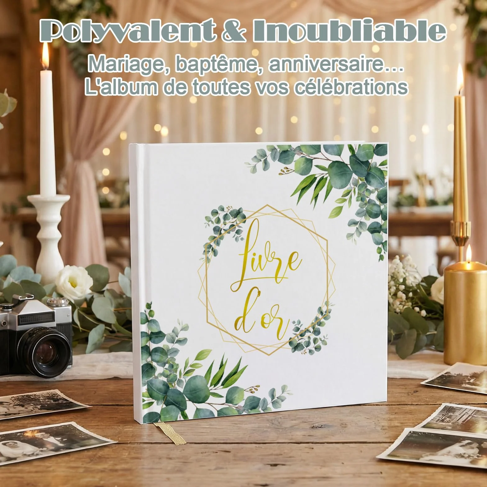 Livre d'or Mariage Motifs Floraux 21.5x21.5 cm Couverture Rigide 120 Pages Scrapbooking (Feuilles d'eucalyptus)