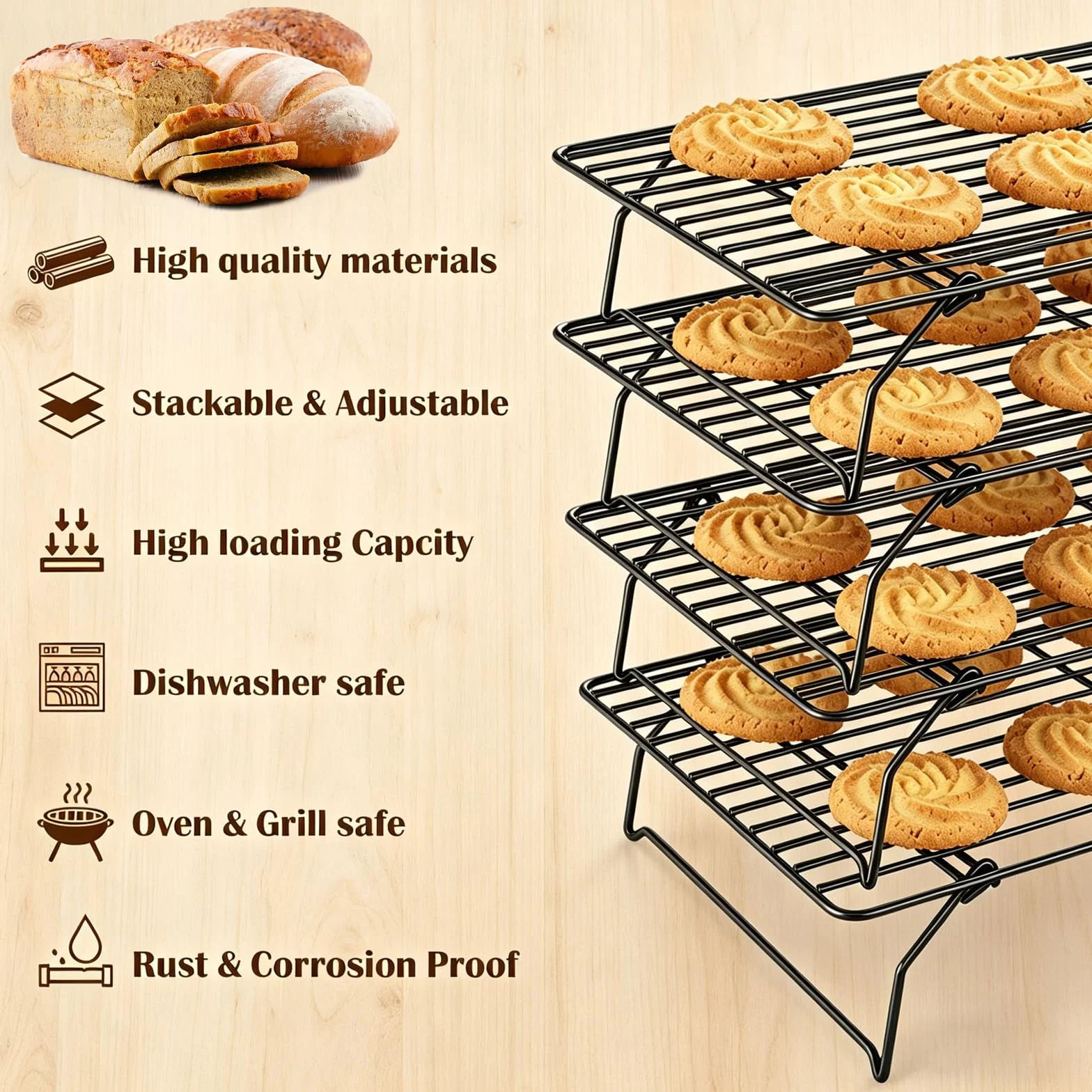 Grille de Refroidissement Empilables en Acier Inoxydable 40x25x4 cm 4 Étages Antiadhésif Cuisson Pâtisserie