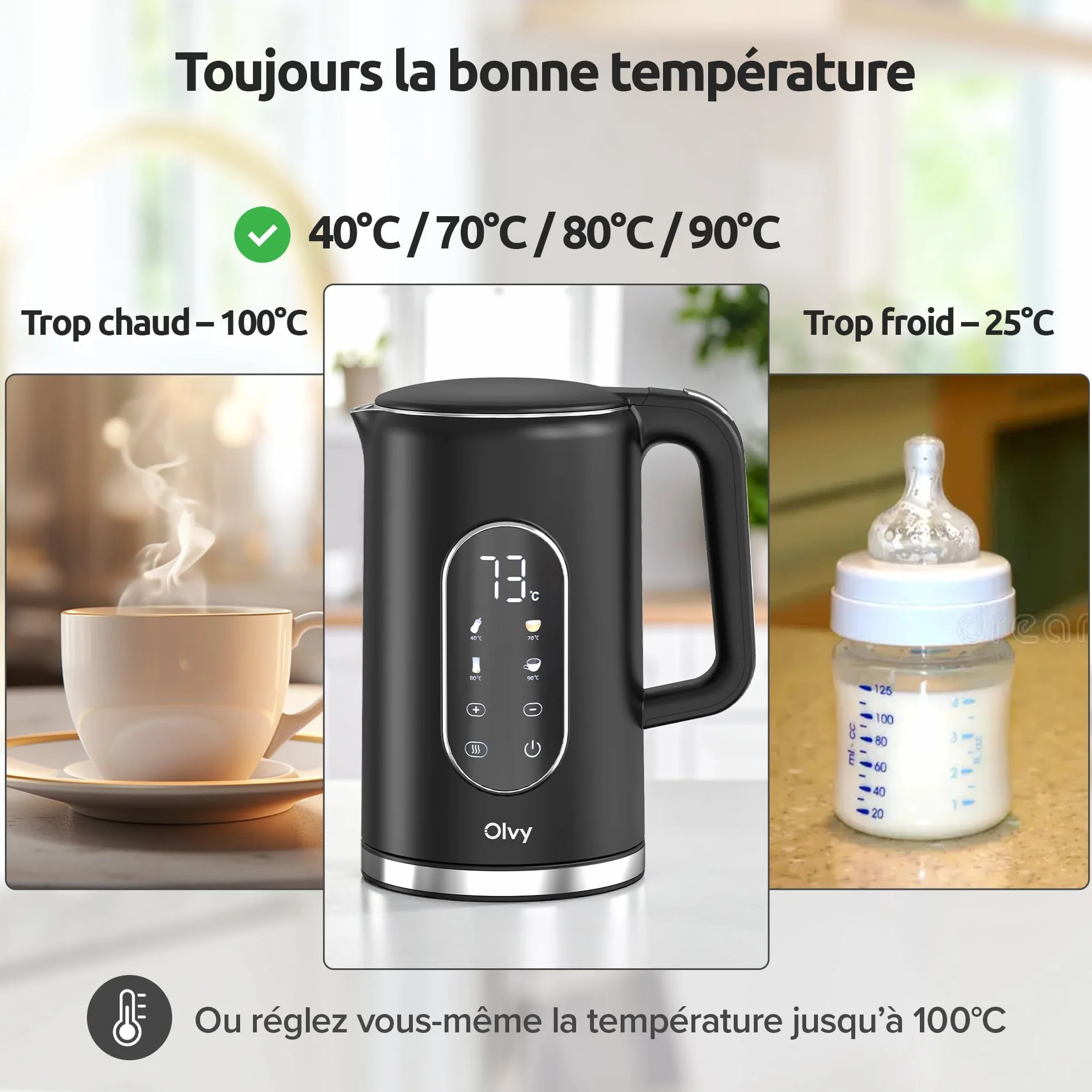 Bouilloire Électrique Olvy 1,7 L 2200W Double Paroi Inox Chauffe-Eau Rapide