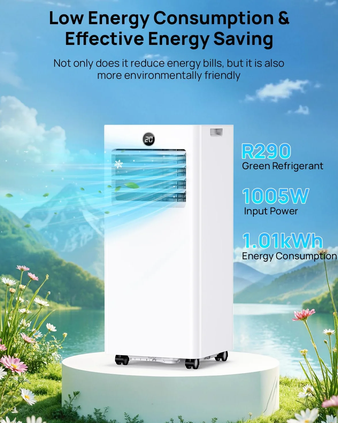 Climatiseur Mobile 9000 BTU Silencieux avec Télécommande 4-en-1 Refroidissement Ventilation Déshumidification