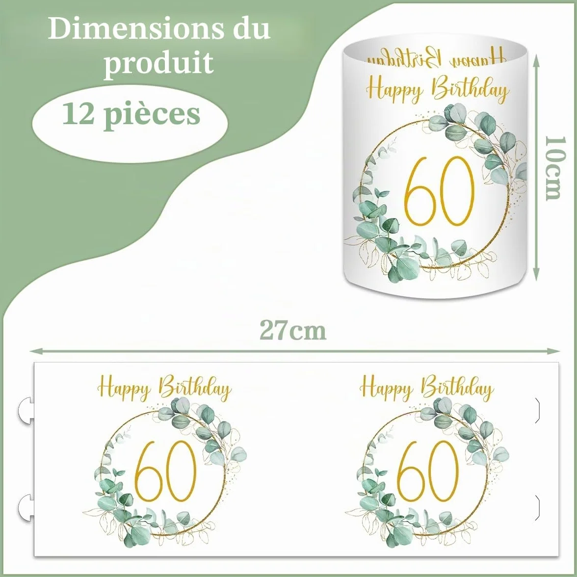 Lot de 12 photophores décoratifs de table pour 60 ans Happy Birthday