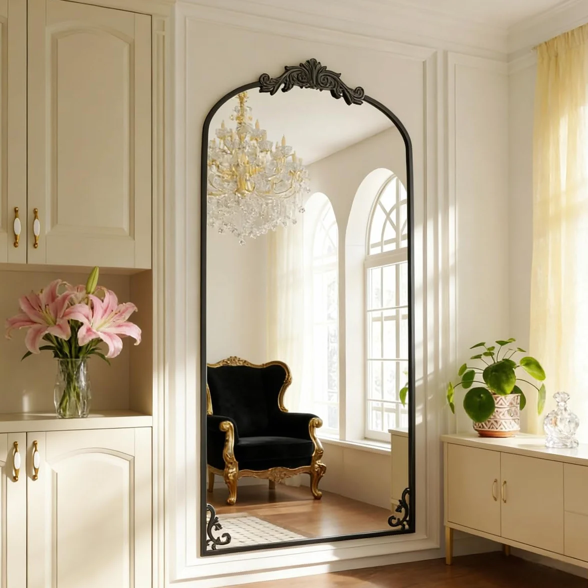 M&Catree Miroir Vintage Arc Pleine Longueur Mural Arqué Noir 179x69cm